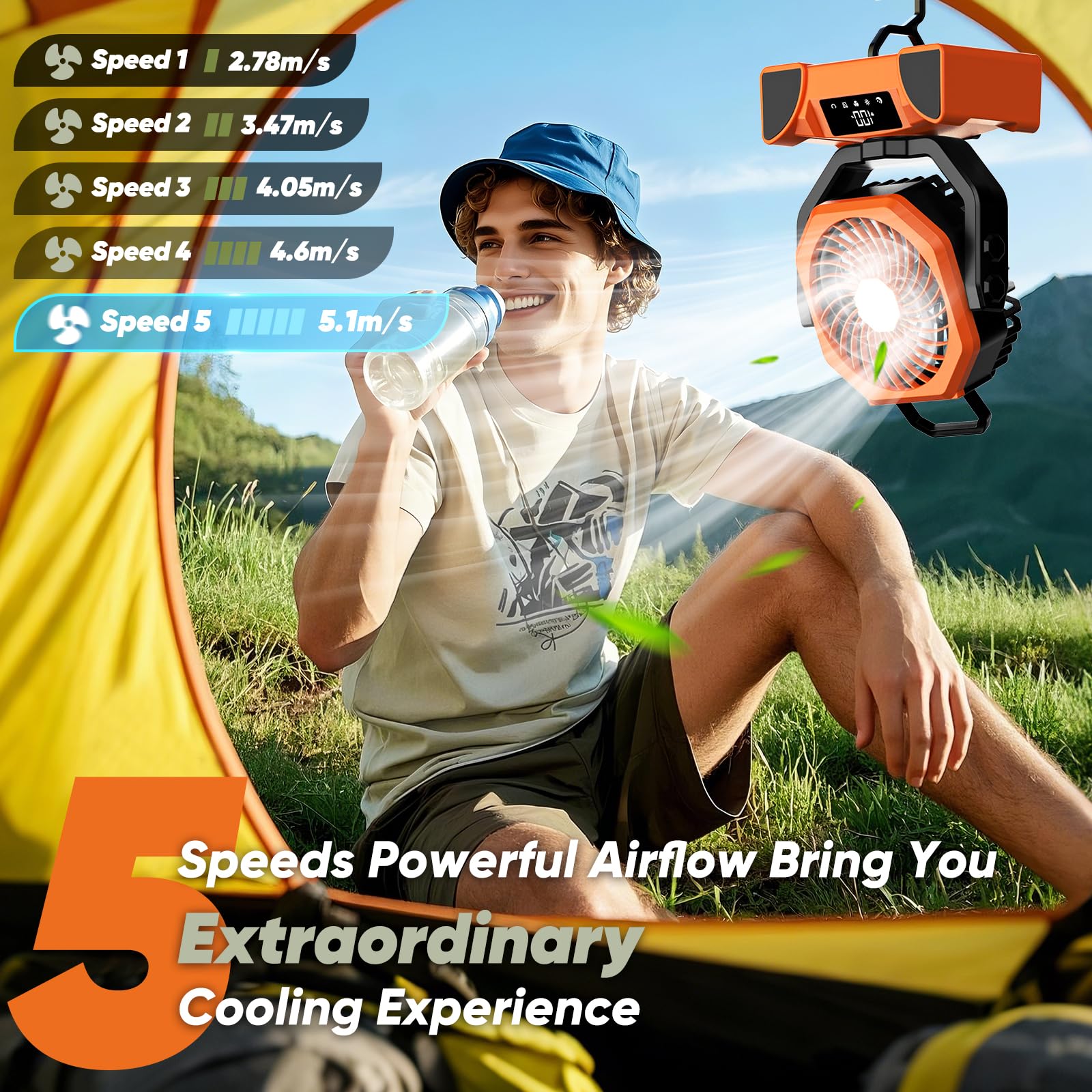 Portable Rechargeable Fan, 20000Mah Battery Powered Fan With Led Light, Camping Fans For Tent Remote Control, 5 Speed & Hook, 10
