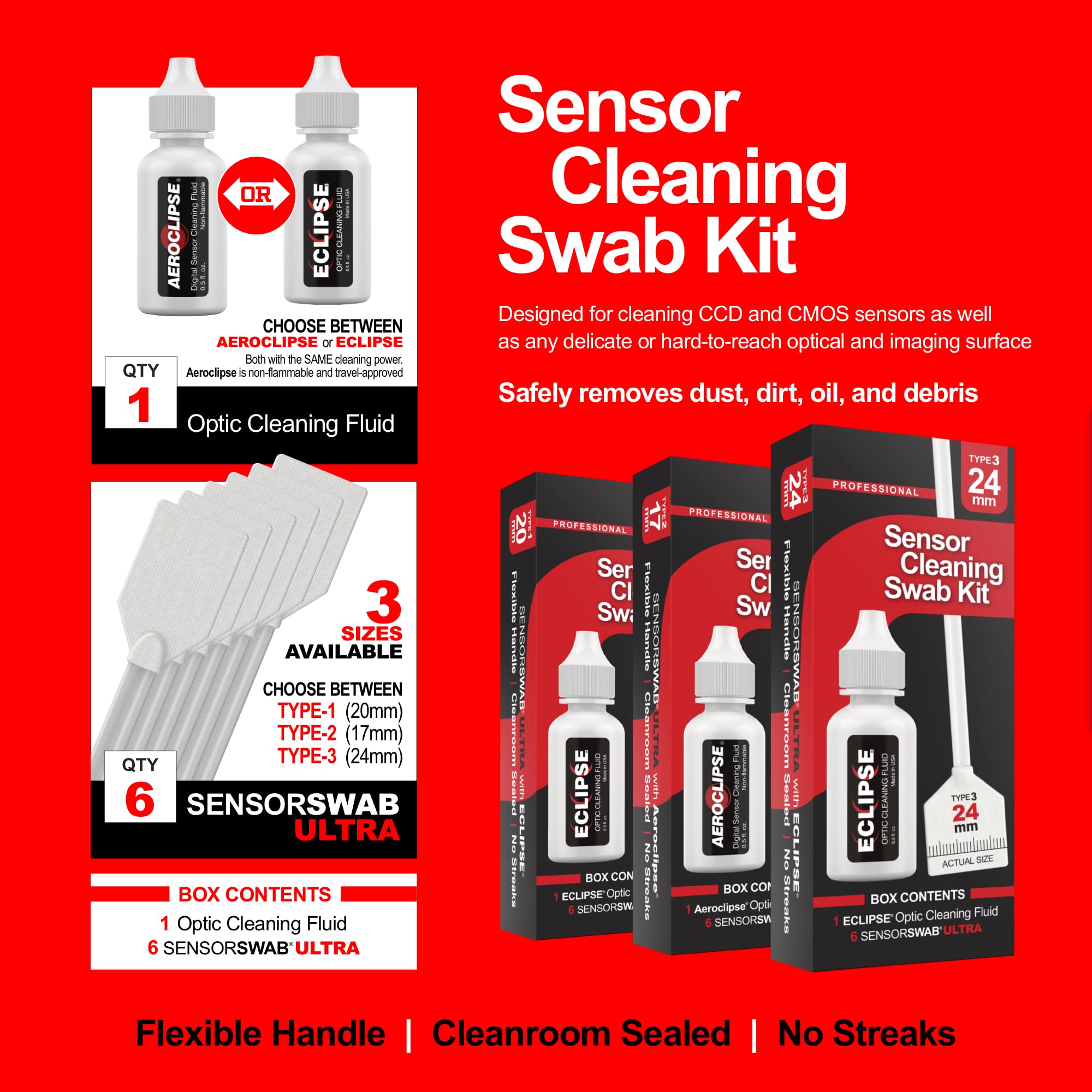 Sensor Cleaning Swab Kit   Aeroclipse Non Flammable Optic Cleaning Solution (0.5Oz/15Ml) + Type 2 Sensor Swab Ultra 17Mm (Pack O