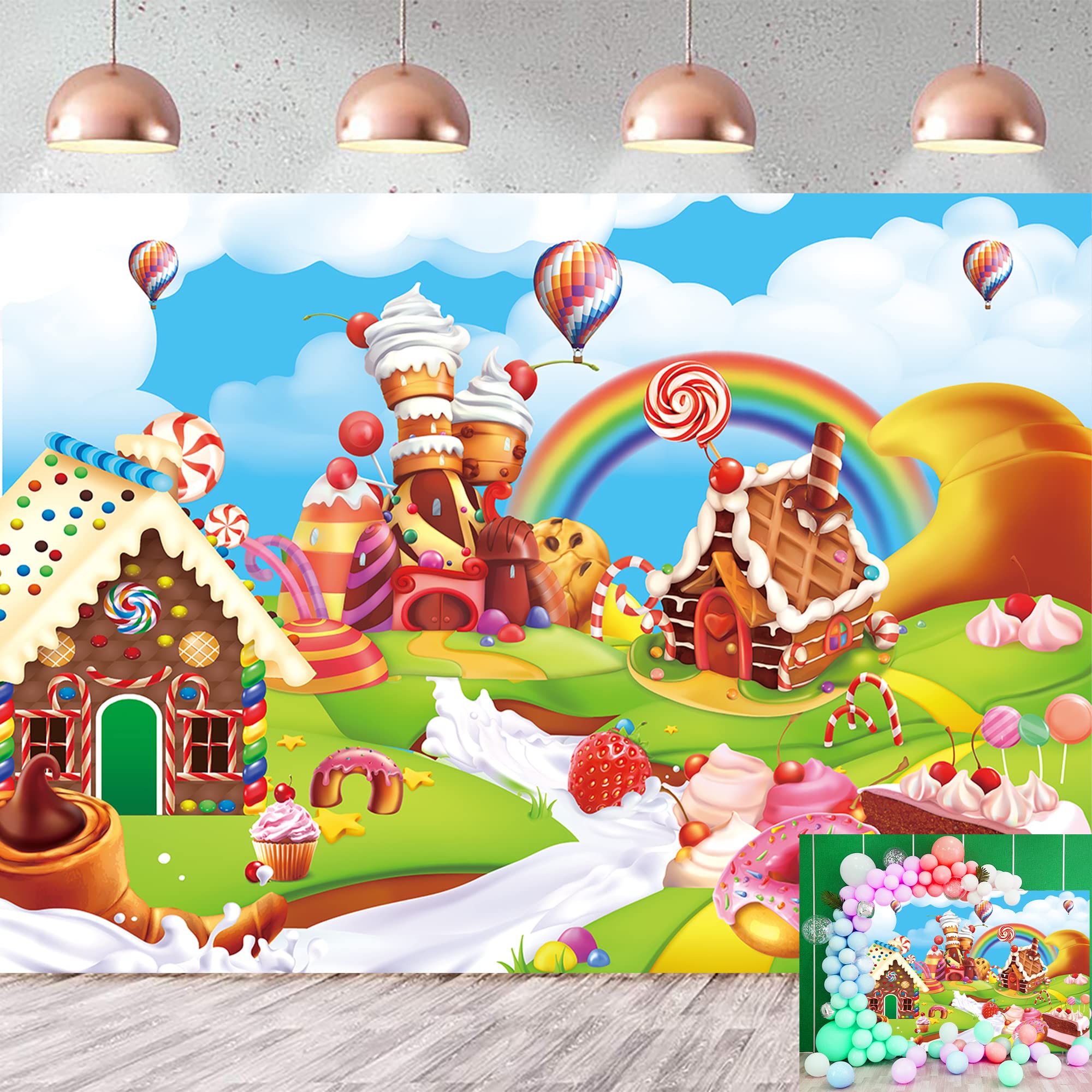 Candyland Backdrop 7X5Ft Cartoon Rainbow Lollipop Icecream Sweet Donut Candy Photography Background For 1St First Birthday Party