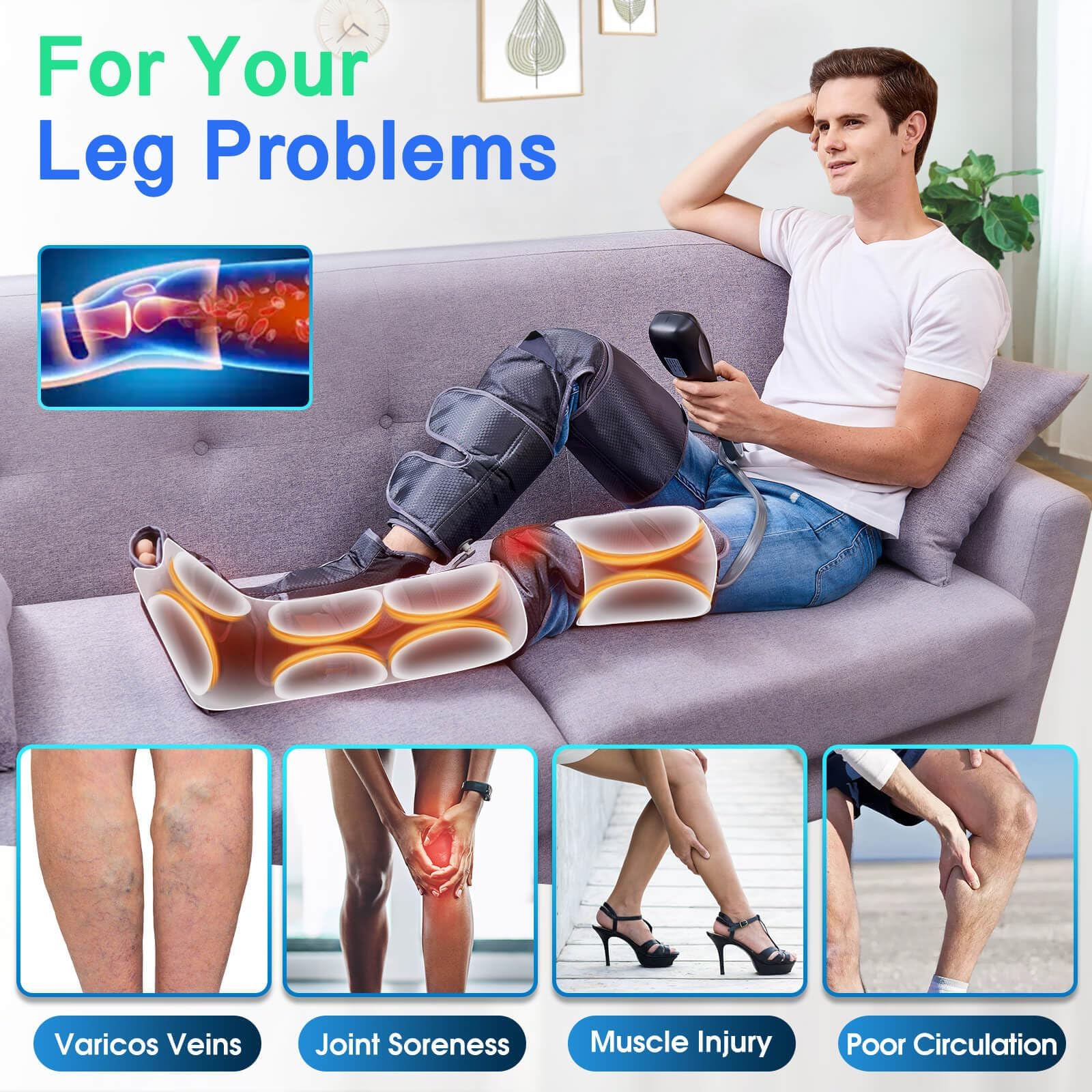Leg Massager For Circulation And Pain Relief Fsa Hsa Eligible, Air Compression Foot Massager With 3 Heat Levels 4 Modes, 4 In 1