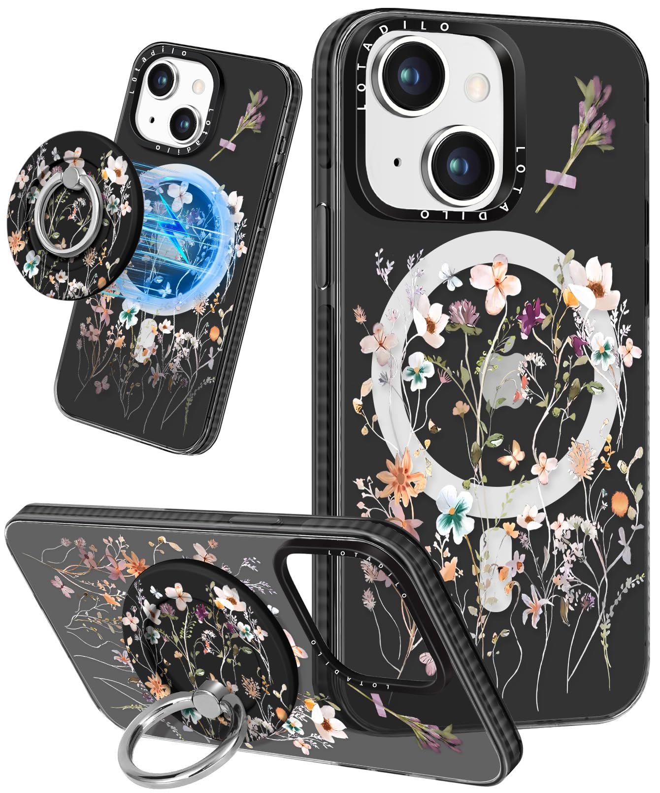 Lotadilo for iPhone 13 Case for Women Girls - Cute Design Compatible with Magsafe Magnetic Ring Holder Stand Foral Flower Aesthe