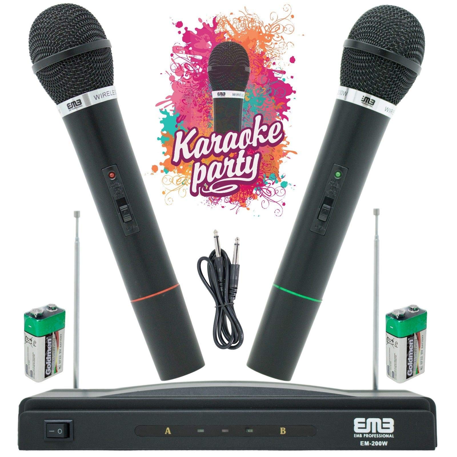 Emb Em 200W Professional Wireless Microphone System Dual Handheld (2 Microphones) 1 Cordless Fm Receiver Including 1X 1/4'' Jack