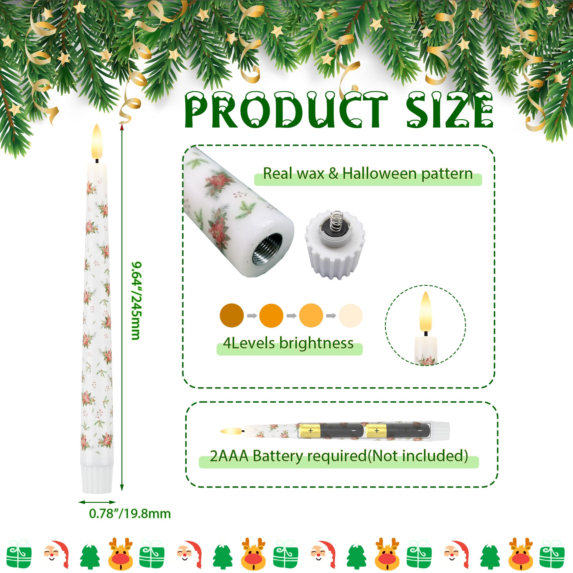 Afineth Christmas Flameless Taper Candles With Flowers, 9.6'''' Real Wax Led Candles With Remote, 3 Pcs Flickering Battery Opera