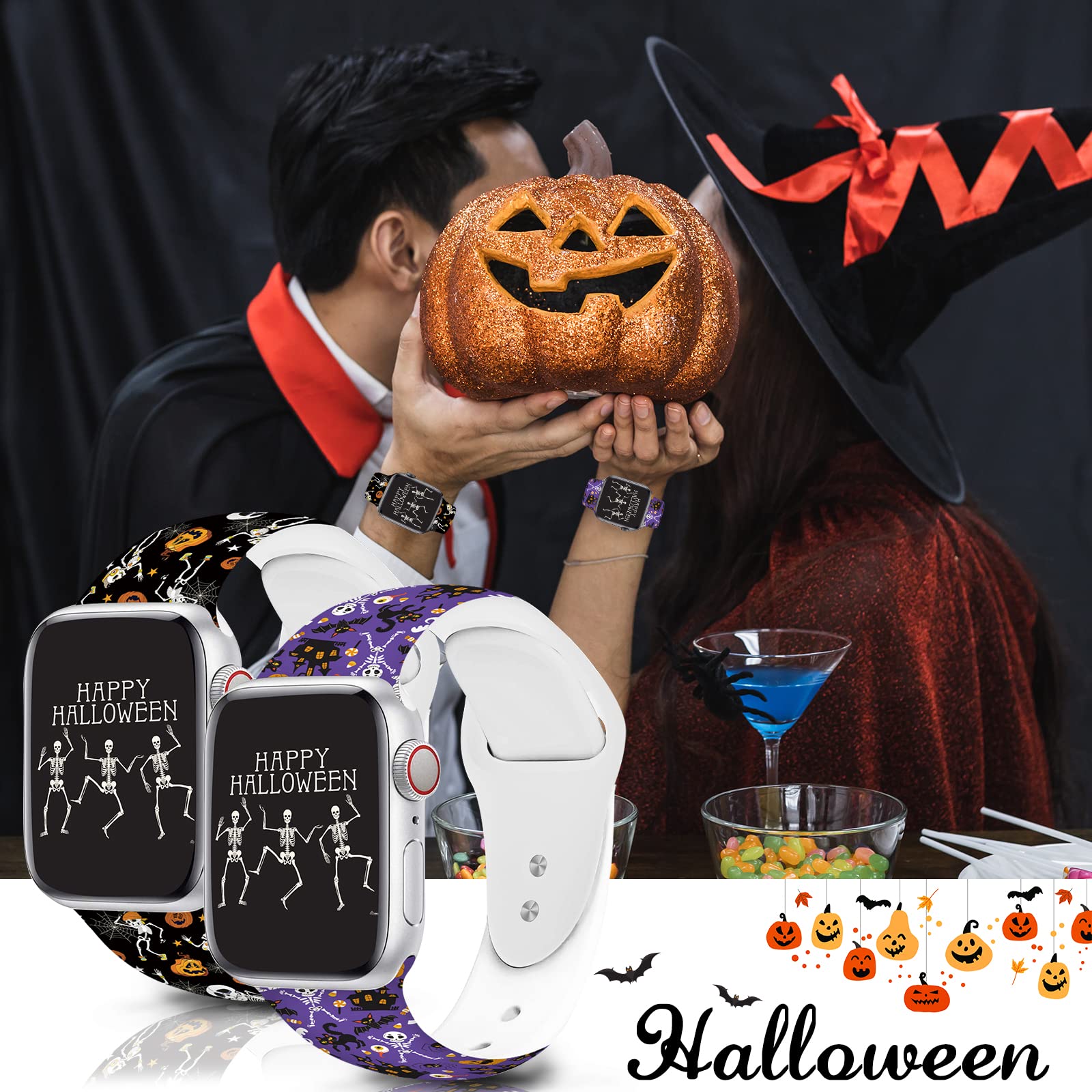 2 Pack Halloween Skull Watch Bands For Apple Watch Band Women Girls 38Mm 40Mm 41Mm, Holiday Funny Skeleton Pattern Soft Silicone