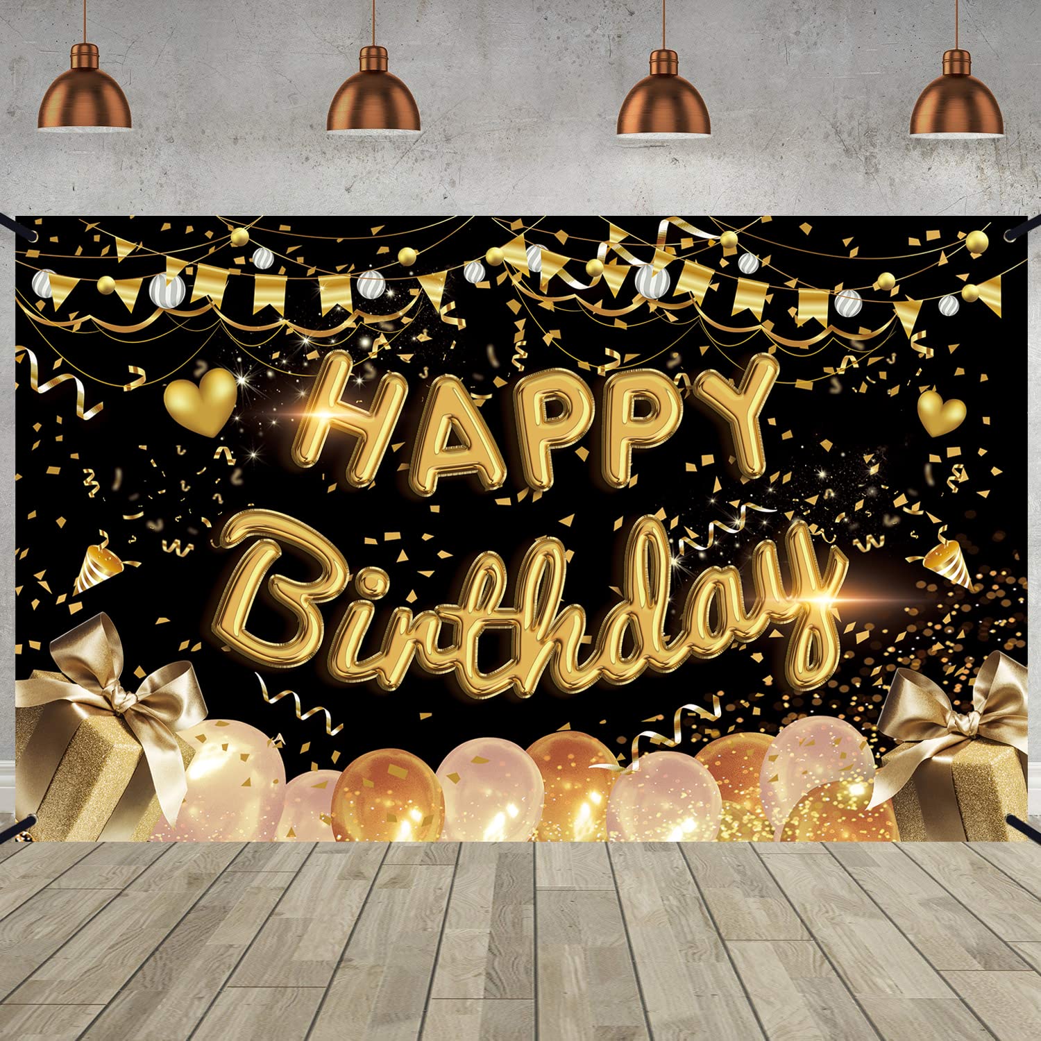 Lovyan Happy Birthday Backdrop Banner Extra Large Fabric Black Gold Sign Poster Photo Booth Background For Men Women Birthday An