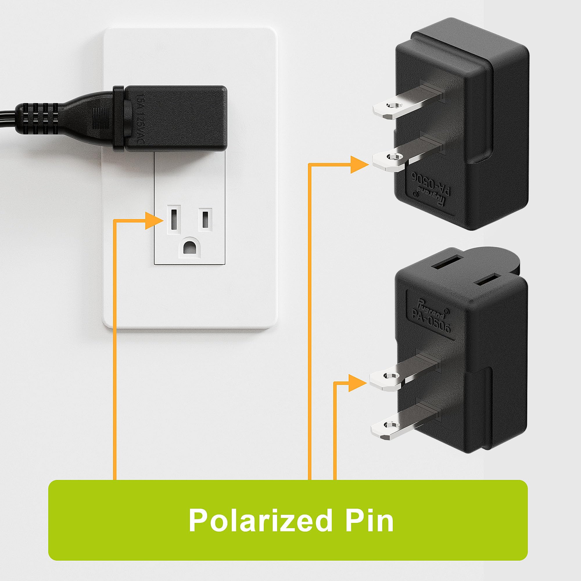 Right Angle Adapter,2 Prong 90 Degree Leftward Angled Ac Adapter, Polarized 2 Prong L Type Adapter, Vertical Right Angled Down A