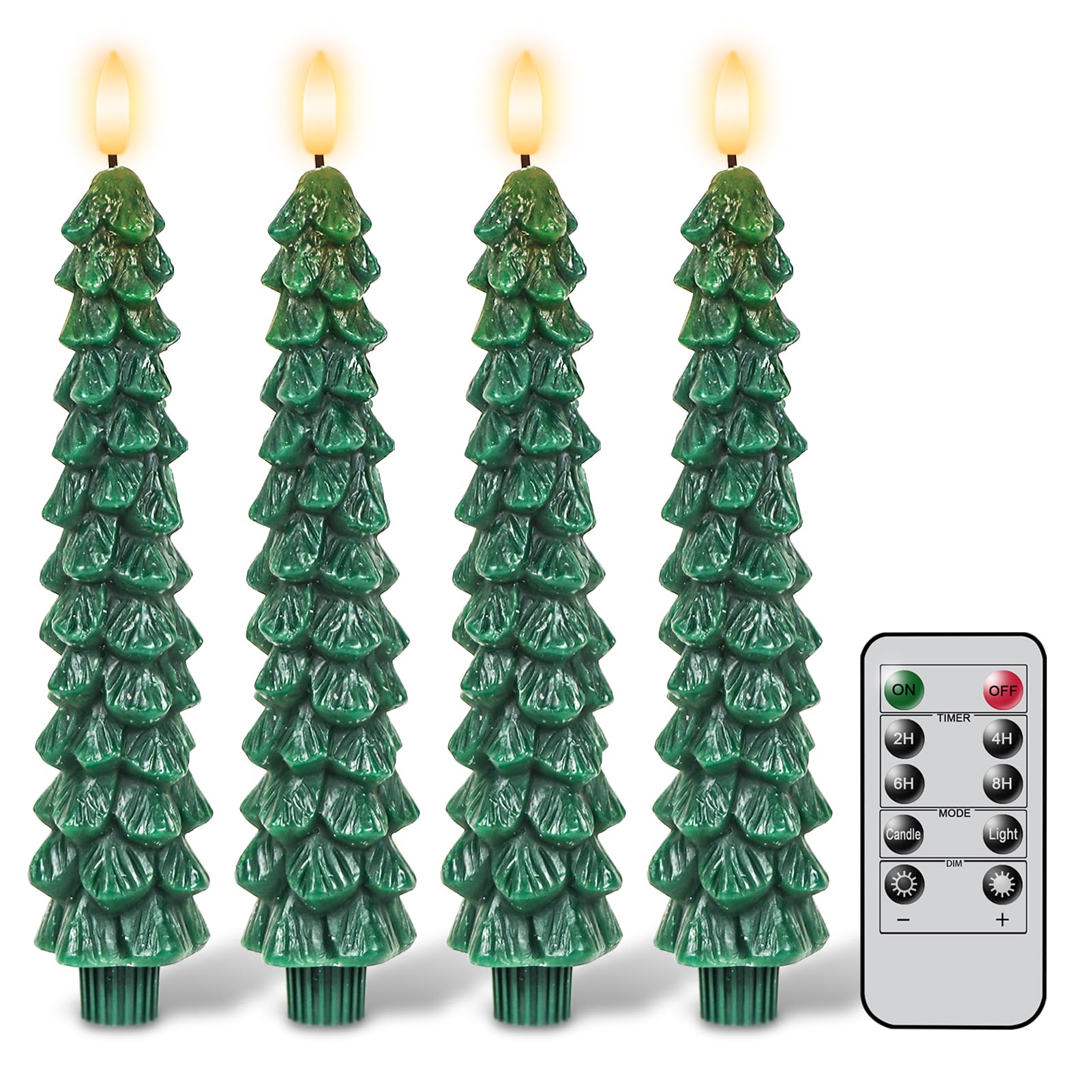Genswin Christmas Tree Flameless Taper Candles With Remote Timer, Christmas Led Taper Candles With 3D Flame, 4 Pcs Green Led Can