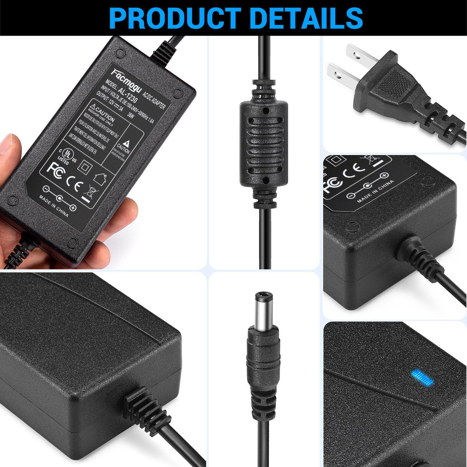 Facmogu Dc 12V 3A Power Adapter, 100 240V Ac To Dc 12V 3A 36W Power Suppy With Barrel Connector 5.5X2.5Mm & 5.5X2.1Mm, 12 Volt 3