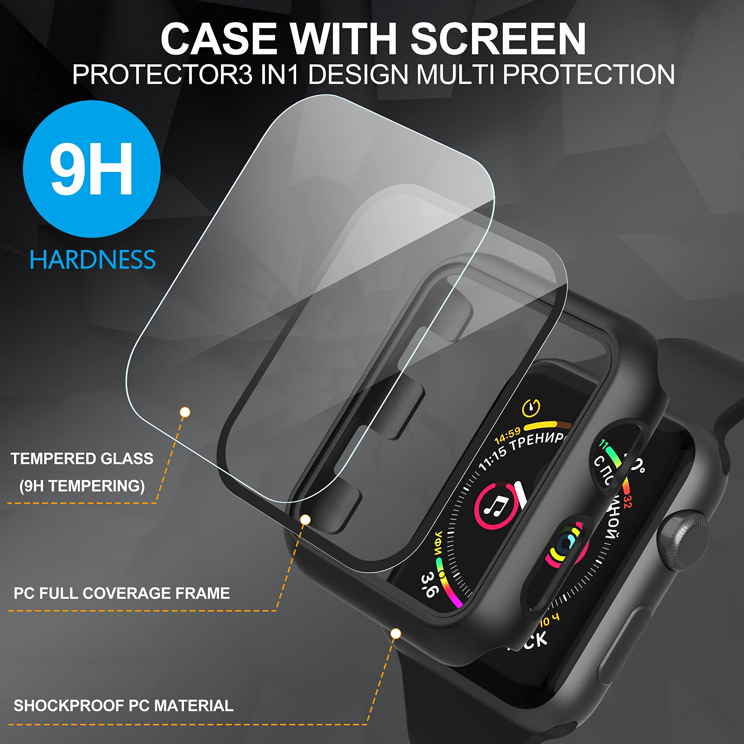 Diruite 2 Pack For Apple Watch Series 3/2/1 38Mm Tempered Glass Screen Protector Case, Black