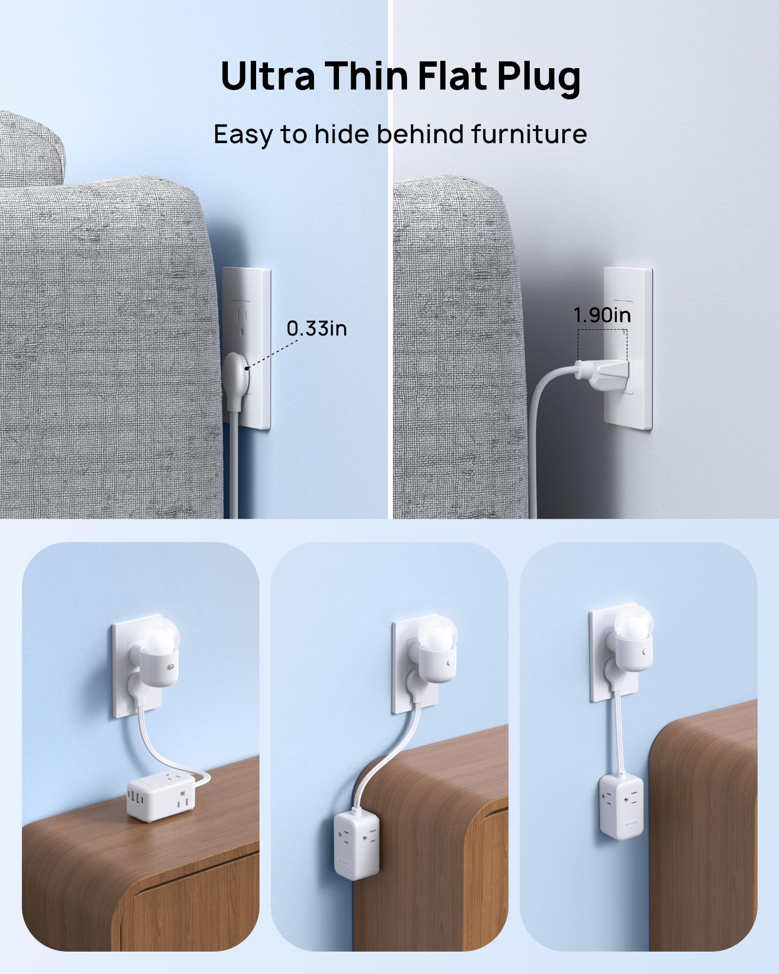 Trond Outlet Extender With 6 Inch Cord   Multi Plug Wall Outlet With Pd 20W Usb C Plug Adapter, Ultra Short Extension Cord, 3 Wa