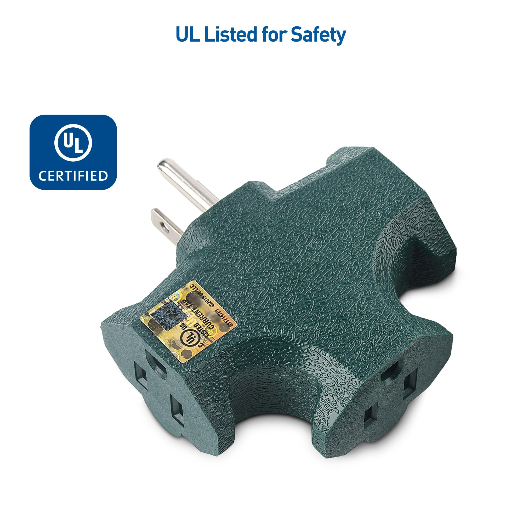 [Ul Listed] Cable Matters 3 Pack 3 Way Plug Adapter 15A 1875W In Green (3 Prong 3 Outlet Adapter, Power Splitter Plug Outlet, Mu