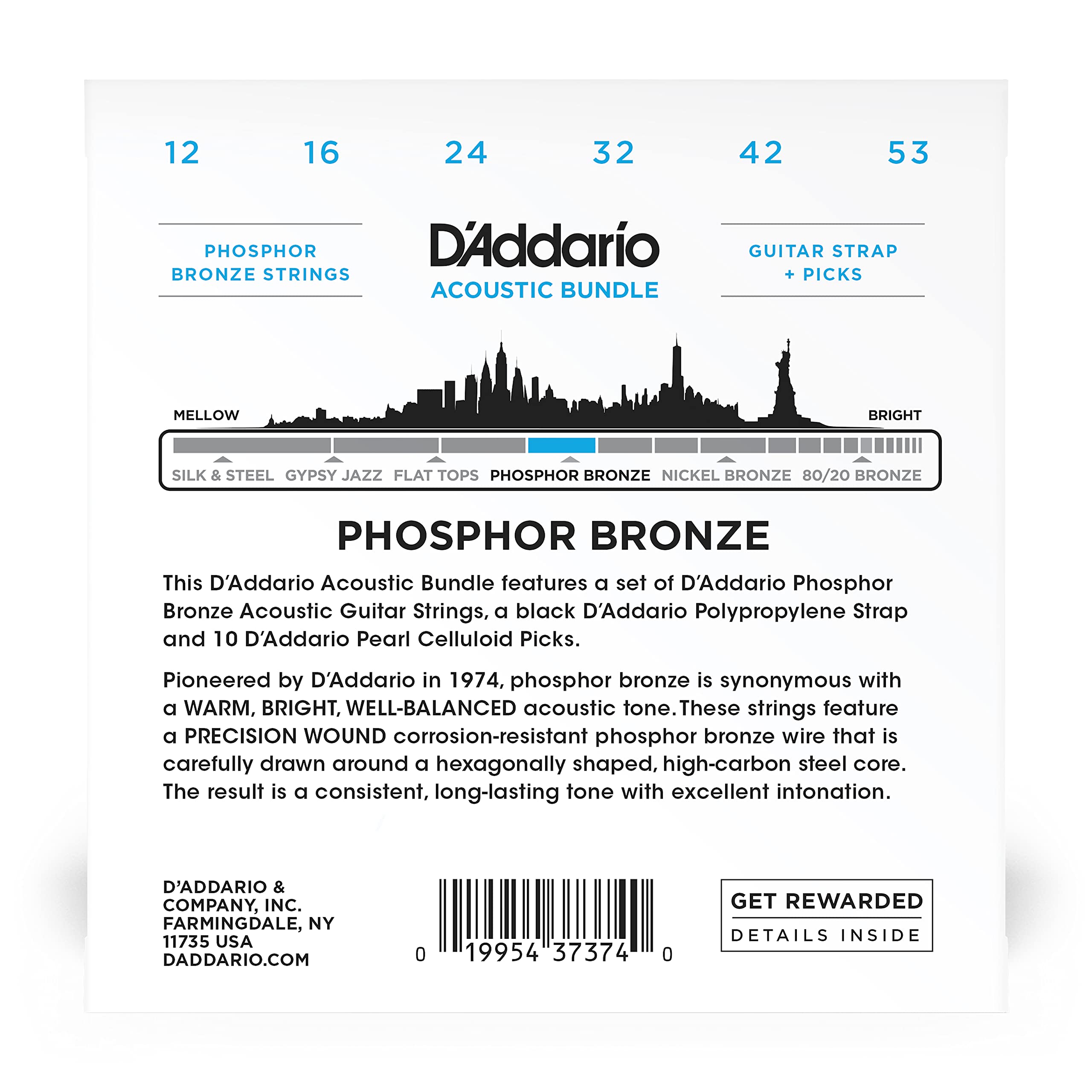 D'Addario Acoustic Guitar Strings, Picks, Strap Beginner Kit   Ej16 Phosphor Bronze Acoustic Strings, 12 53 Light   Poly Pro Bla