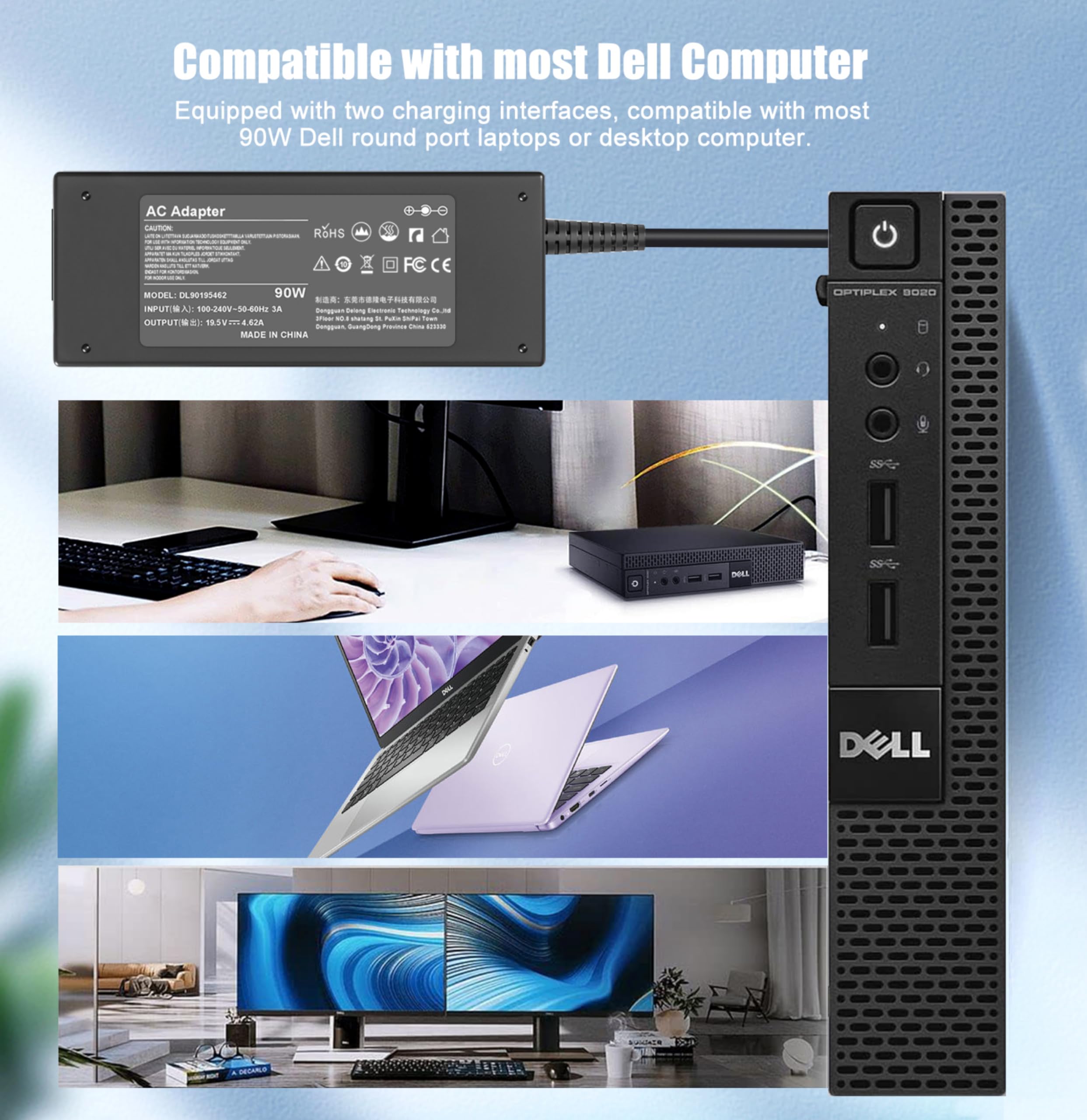 Dongni 90W Optiplex Charger For Dell Optiplex 9020 7050 7040 5090 5050 3050 3020 3060 3070 3080 7060 Micro Desktop Computer Insp