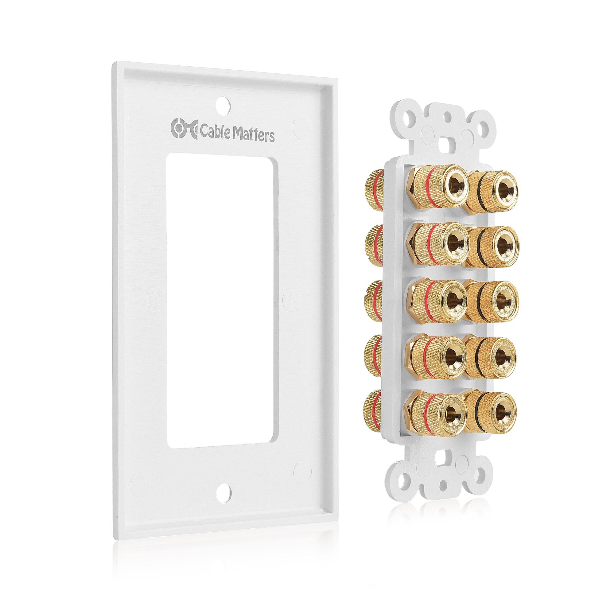 Cable Matters Speaker Wire Wall Plate (Speaker Wall Plate, Banana Plug Wall Plate) For 5 Speakers In White