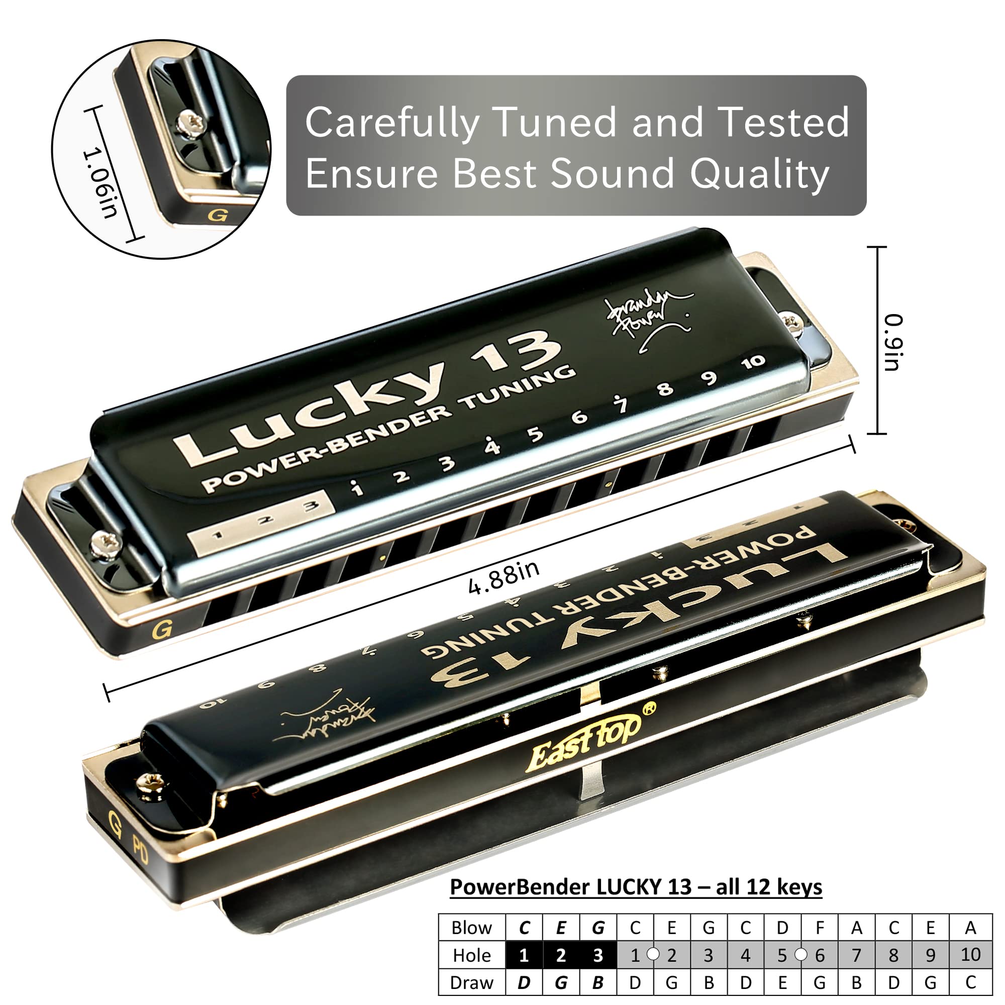 East Top Lucky 13 Bass Plus Blues Harmonica 13 Holes Diatonic Harp Mouth Organ Professional Musical Instruments Powerbender G Ke