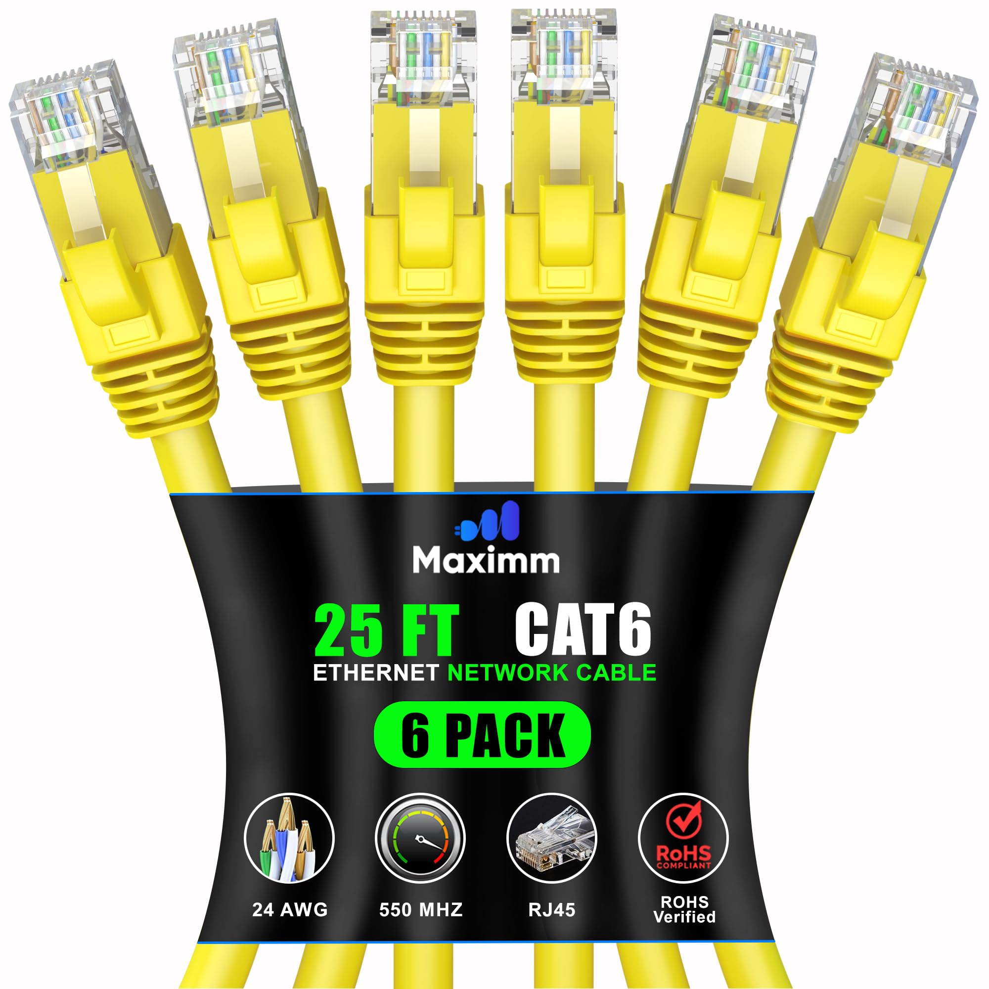 Maximm Cat 6 Ethernet Cable 25 Ft (6 Pack)   High Speed Lan Cable, Internet Cable, Patch Cable, And Network Cable   Utp, 10Gbps, 550Mhz Ethernet Cord   Yellow