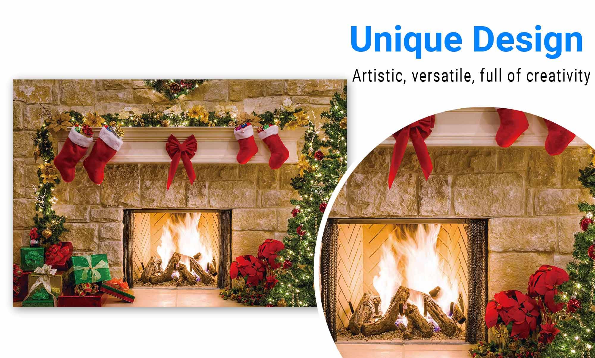 Funnytree 7X5Ft Christmas Fireplace Backdrop Interior Vintage Xmas Tree Stockings Photography Background Portrait Photobooth Par