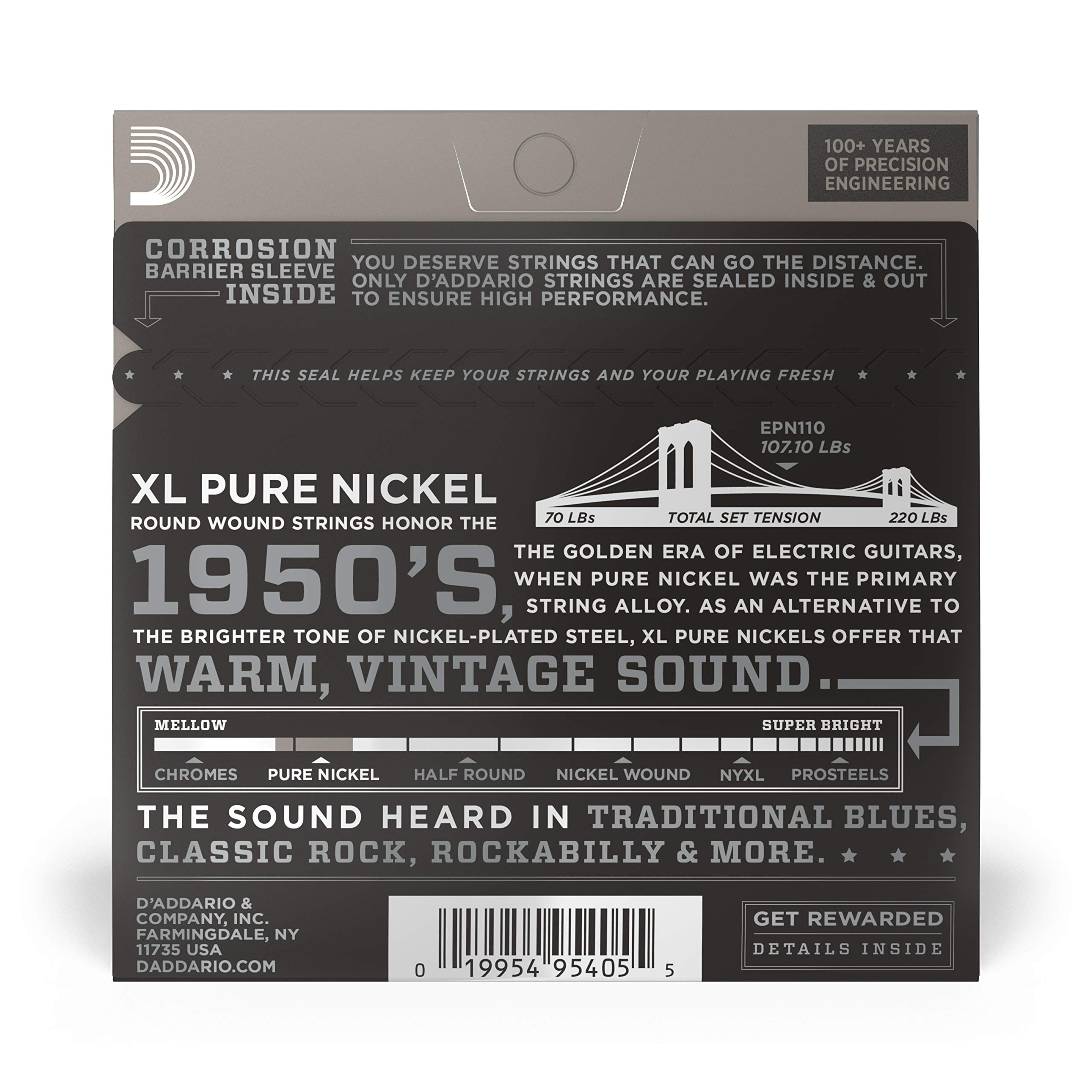 D'Addario Guitar Strings   Xl Pure Nickel Electric Guitar Strings   Round Wound   Warm, Bright, Vintage Sound   Epn110   Regular