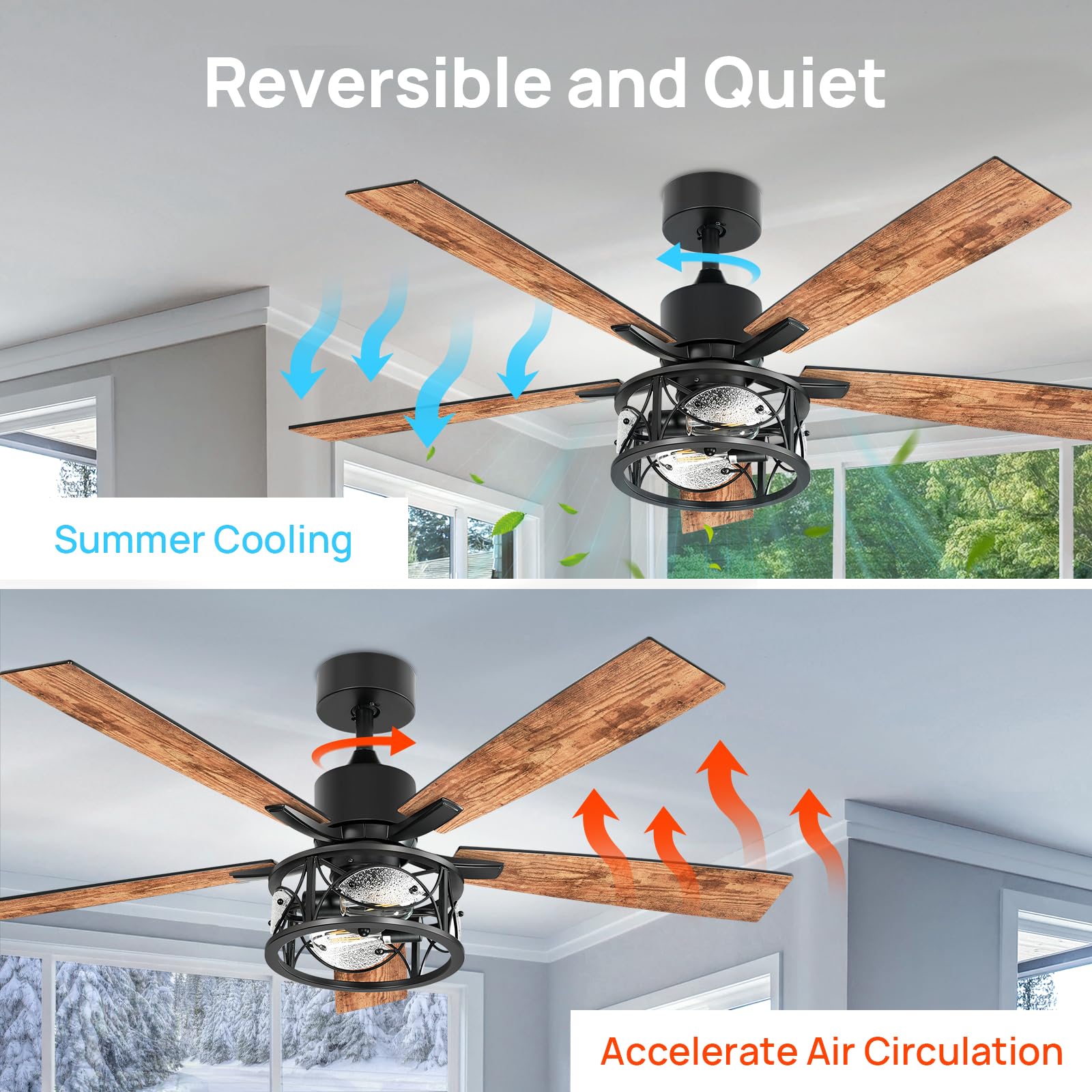 Consciot Ceiling Fan With Lights, 52'' Farmhouse Indoor Ceiling Fan With Remote, Quiet Reversible Dc Motor, 5 Double Finish Wood