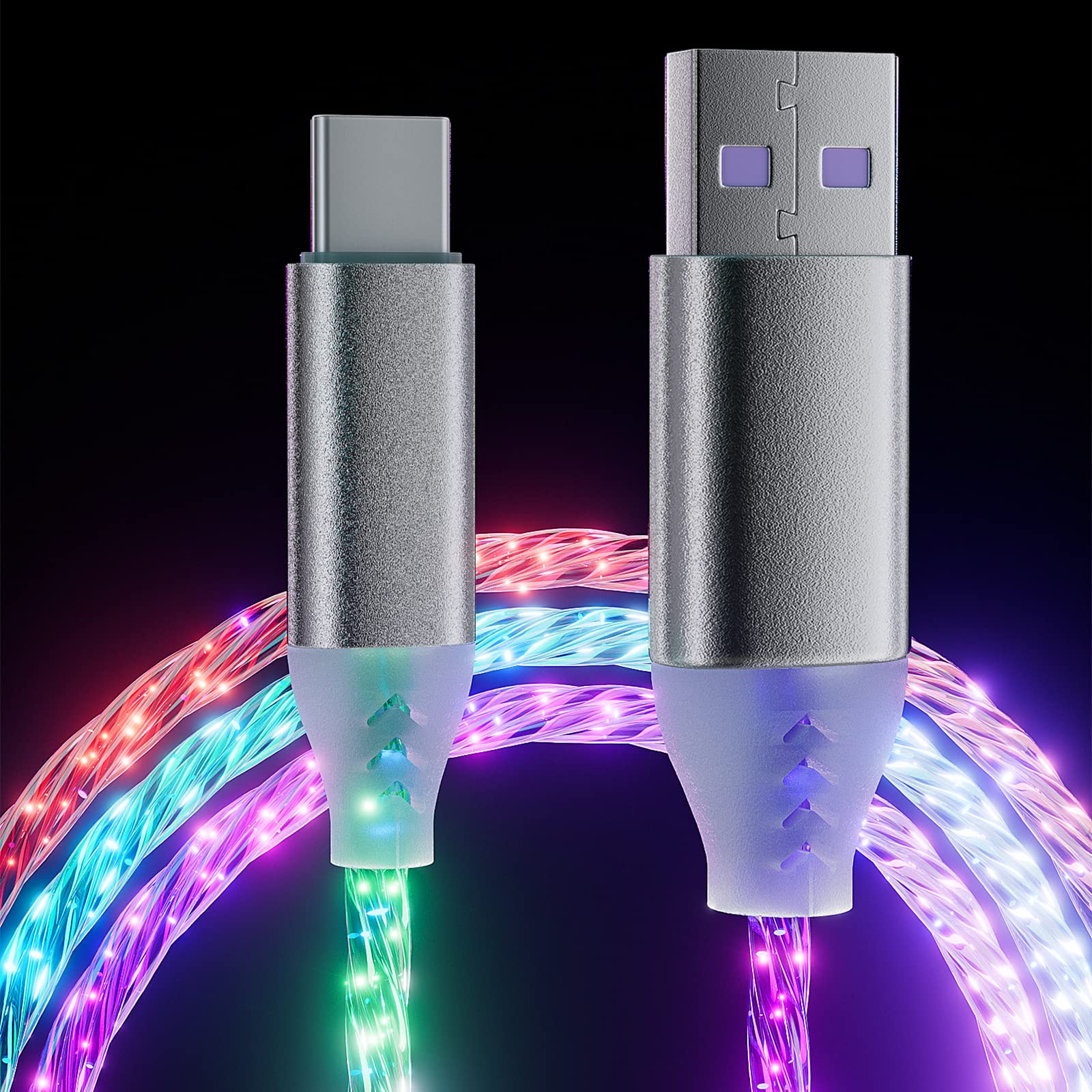 Ulikto 3.3Ft/1M Type C Cable Led Light Up Charger Cord Visible 7 Colors Rgb Gradual Changing Shining 3A Fast Charging Usb A To Usb C Data Sync Cord For Samsung Galaxy S21 S20 S10/S9/Note 20/10/9/8