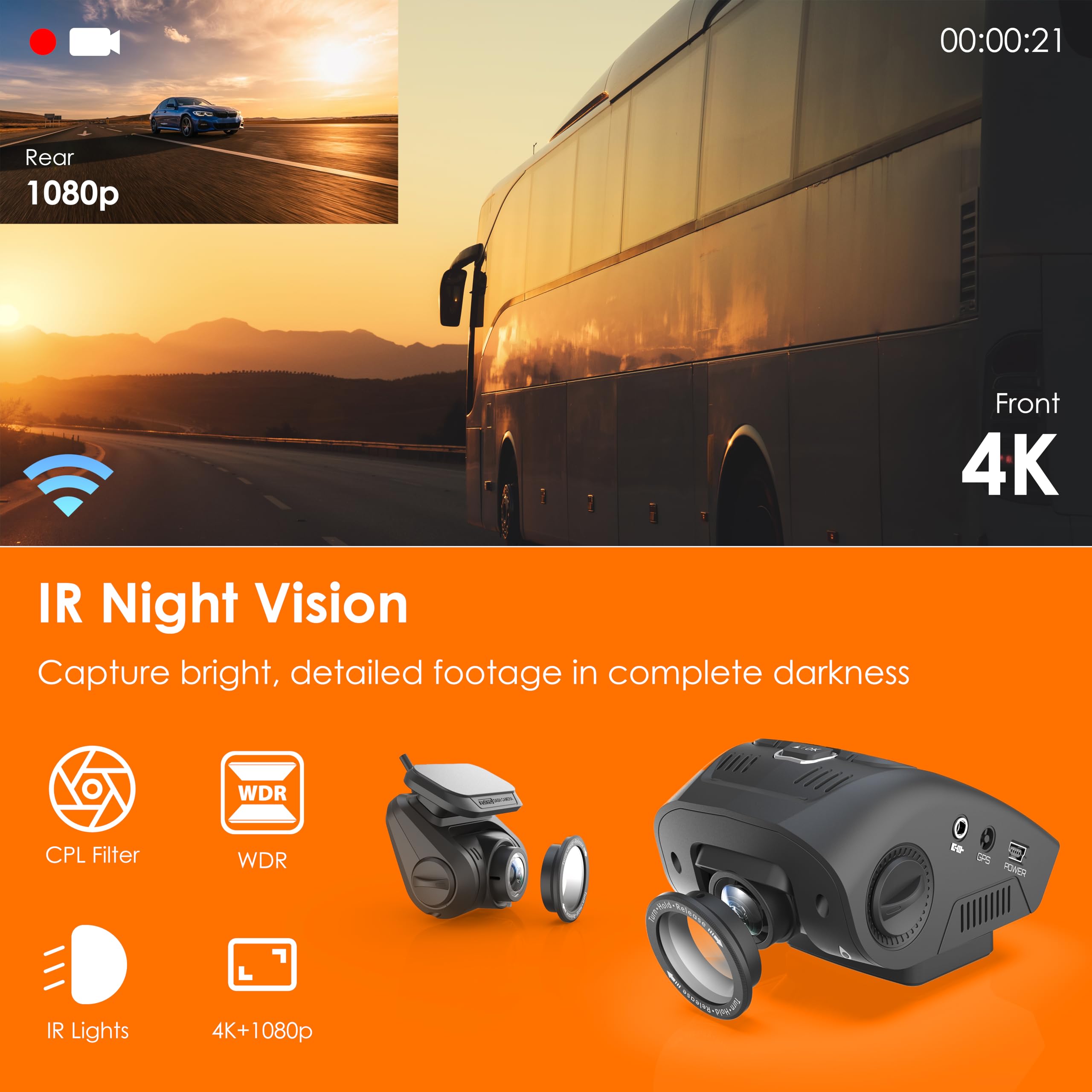 Rexingusa V1P Se 4K Dual Dash Cam W/Gps, Wi Fi & 2Pcs Cpl Filter | 512Gb Support | Front 2160P, Rear 1080P | 170 Angle | G Senso