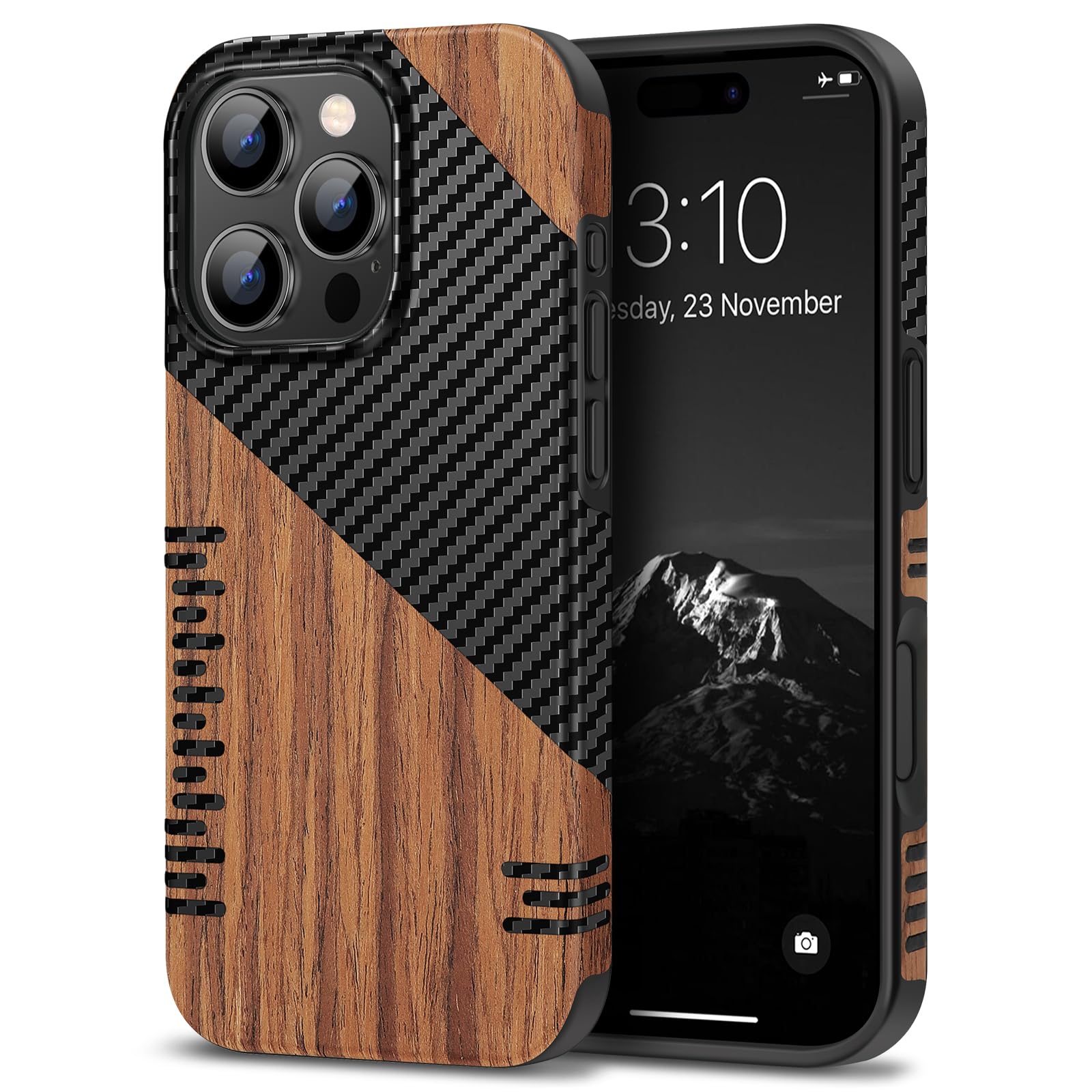 TENDLIN Compatible with iPhone 16 Pro Max Phone Case Wood Grain with Carbon Fiber Texture Design Leather Hybrid Slim Case (Twill