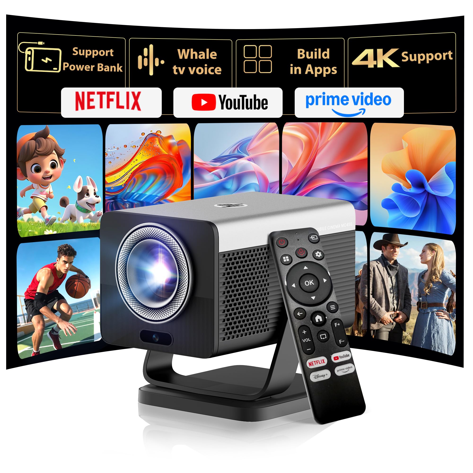HP MC450 Smart Mini Portable Projector with WiFi & Bluetooth, Official Licensed Apps, Short Throw Projector with 4K Support, Voi