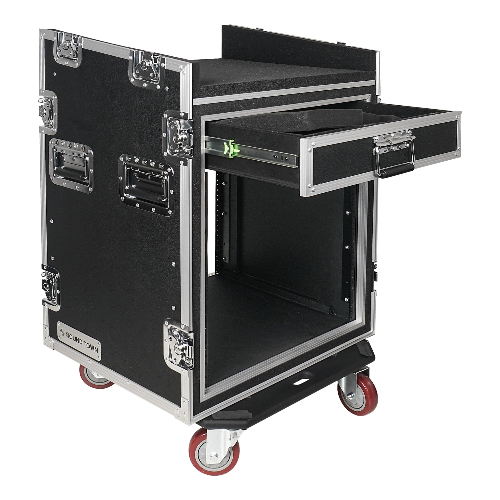 Sound Town Shock Mount 12U Ata Rack Case With 20    Rackable Depth, 11U Slant Mixer Top And Casters, 12 Space Size   Pro Tour Gr