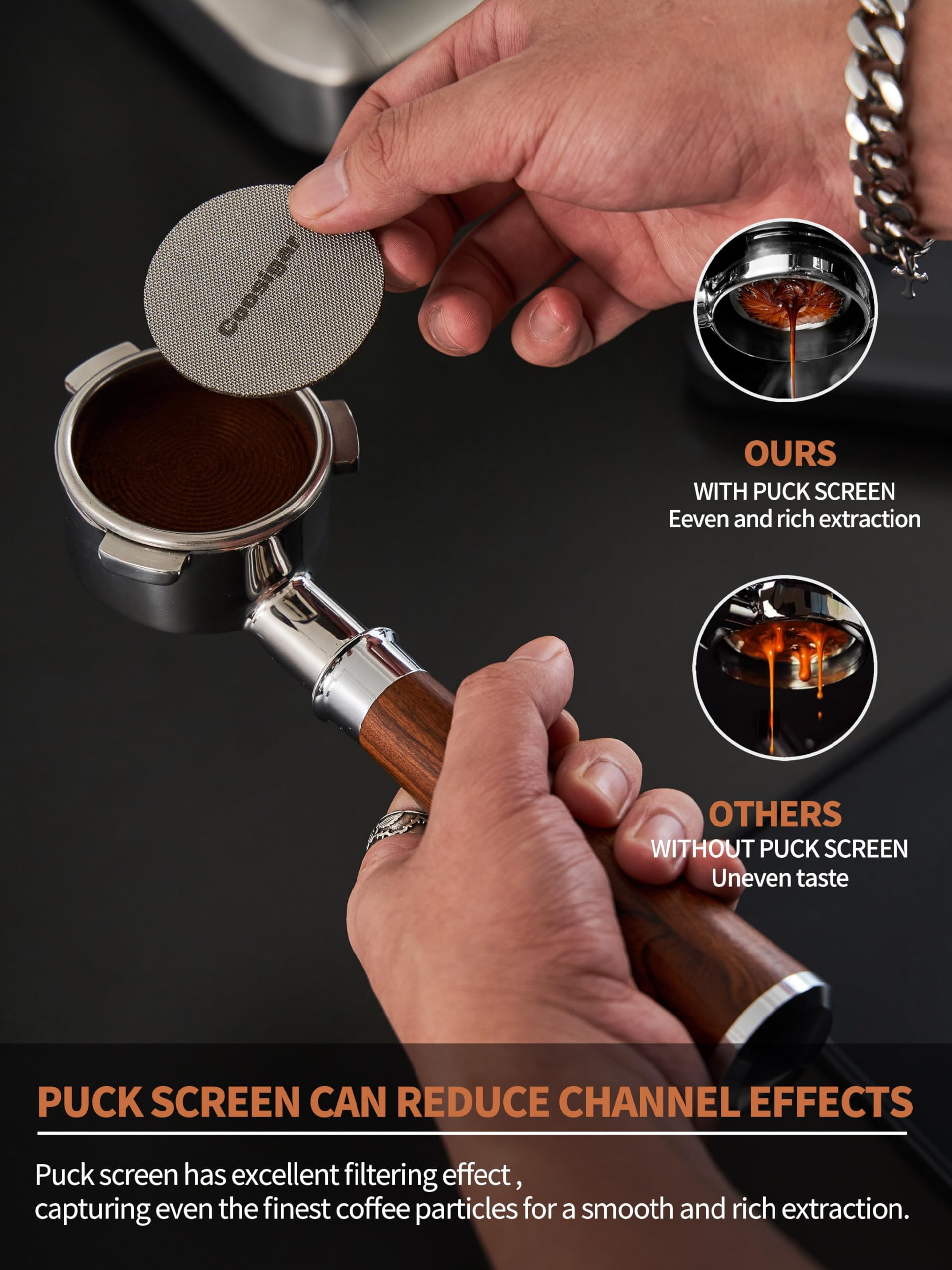 54Mm Bottomless Portafilter With Puck Screen | Fits For 54Mm Breville Machines | Stainless Steel Portafilter And Mahogany Handle