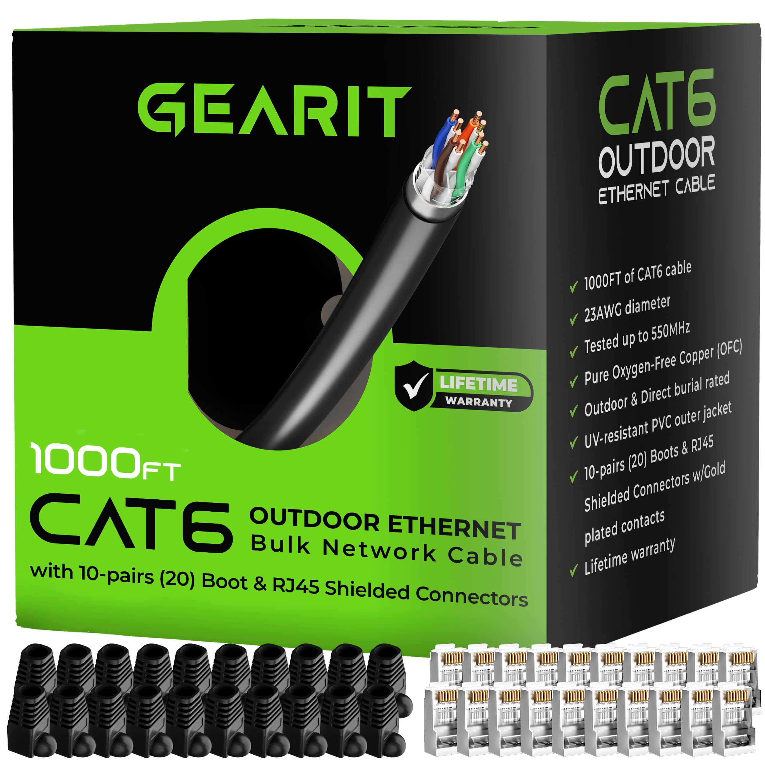 Gearit Cat6 Outdoor Ethernet Cable (Cat 6 Diy Kit   1000Ft Bulk Cable | X20 Rj45 | X20 Boot) 23Awg Ofc Pure Copper, Ftp, Lldpe,
