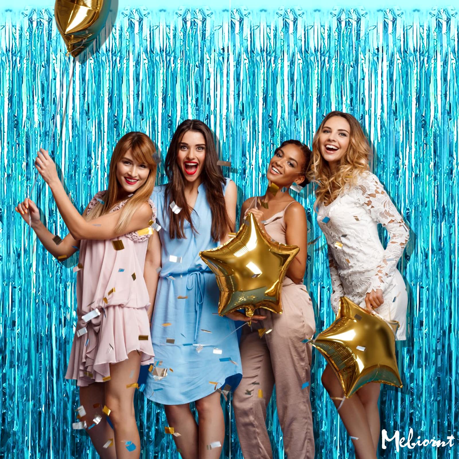 4 Pack Lake Blue Fringe Curtain Backdrop, 3.2Ft X 6.6Ft Metallic Tinsel Foil Fringe Streamers Curtains Background For Photo Boot