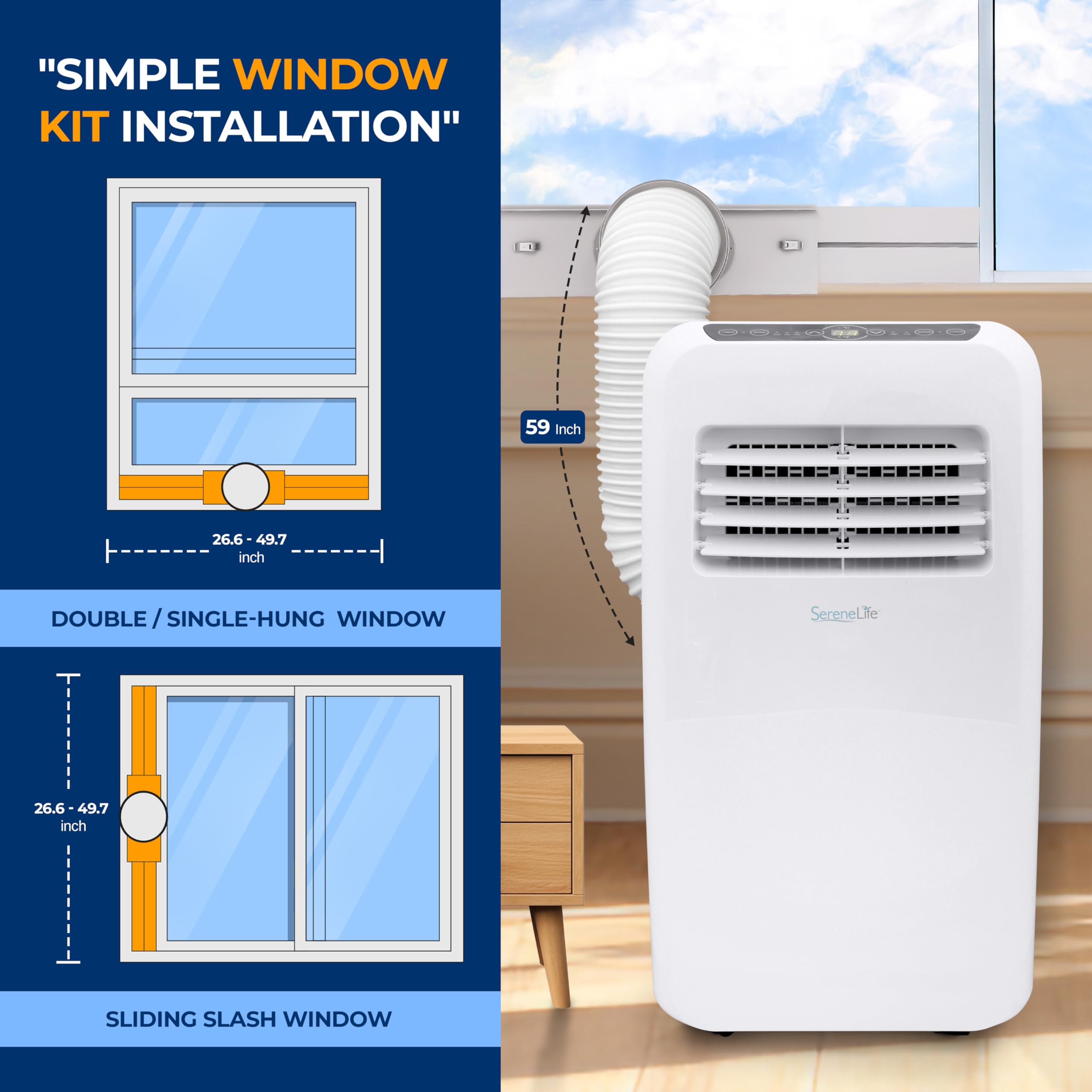 Serenelife 3-In-1 Portable Air Conditioner With Built-In Dehumidifier Function,Fan Mode, Remote Control, Complete Window Mount E