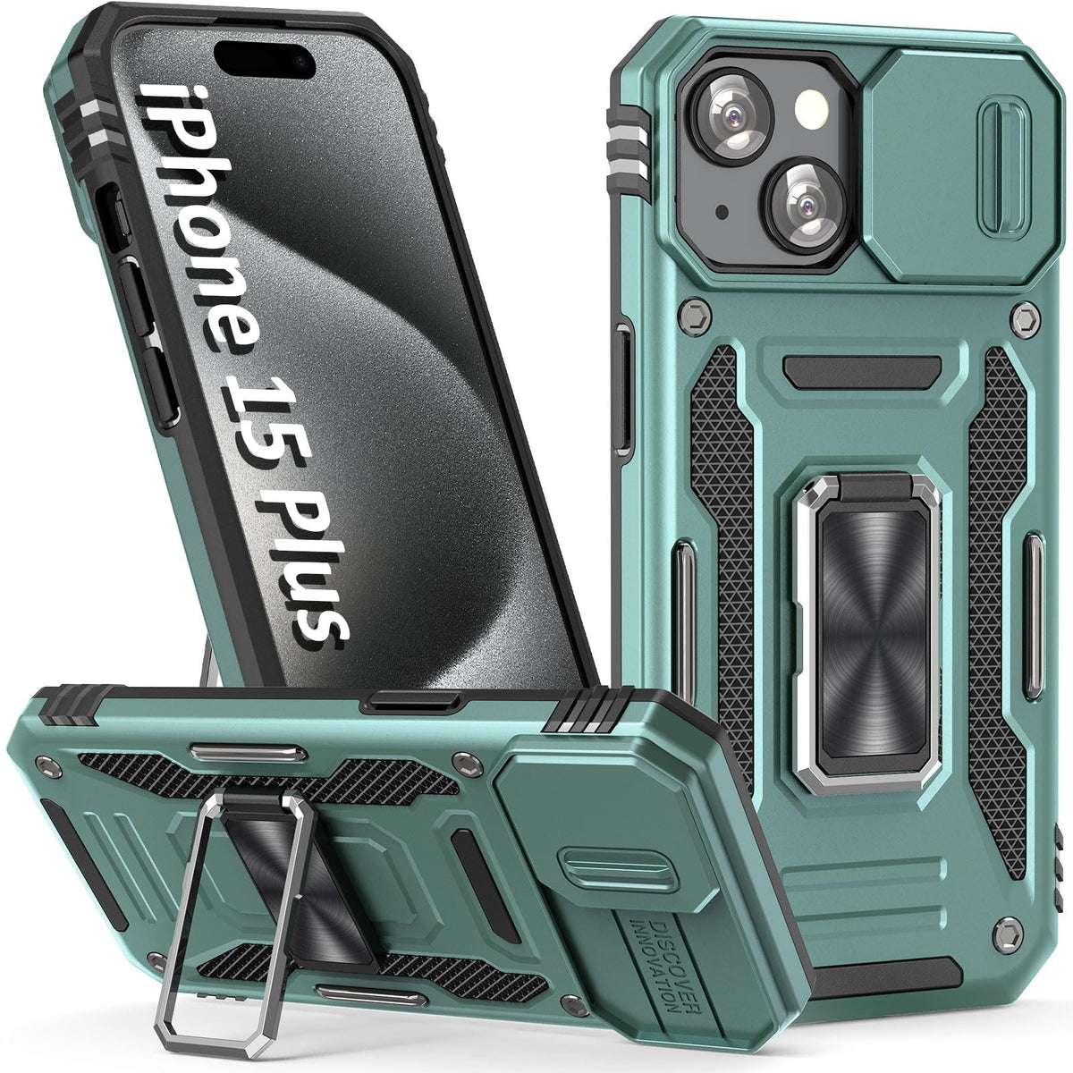 Sefing Phone Case For Iphone 15 Plus Case With Slide Camera Cover, With Finger Ring Holder Stand, Fit Magnetic Car Mount, For Ip