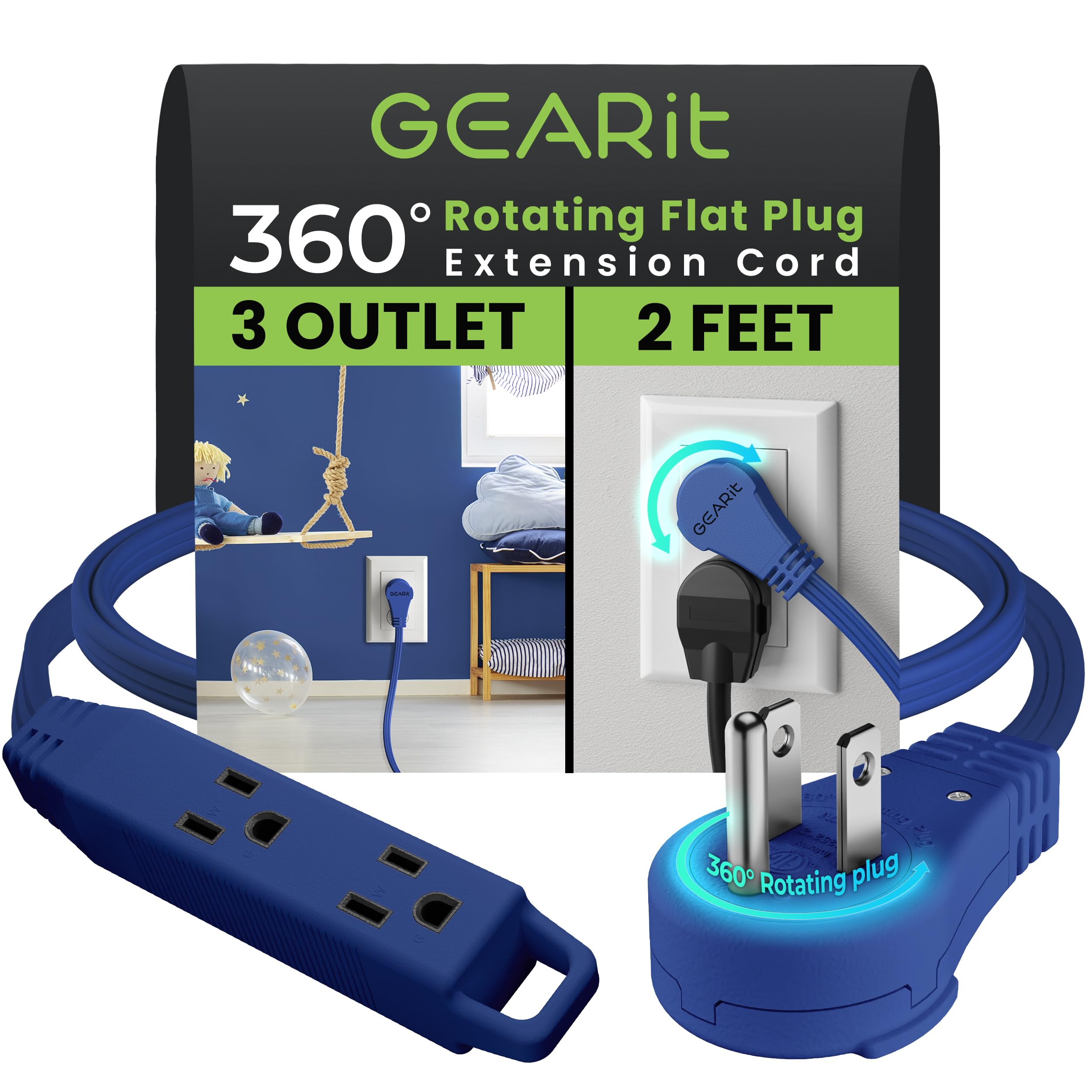 Gearit 360 Rotating Flat Plug Short Extension Cord With 3 Outlets (2Ft, Navy) 16Awg/13A 3 Prong Wire, Outlet Saver For Home Offi