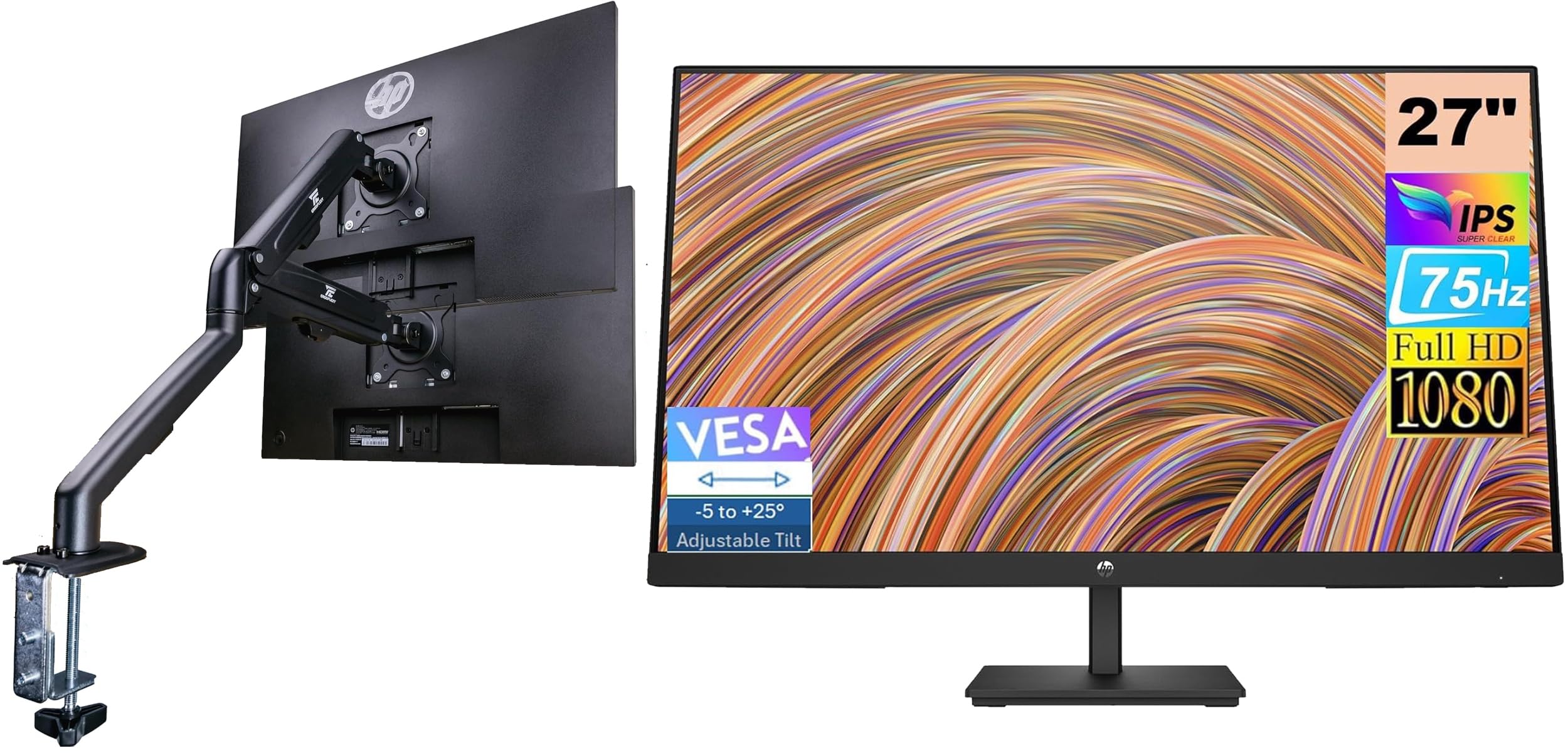 Hp V27 G5 Fhd Ips Monitor 65P64Aa#Aba Bundle With Ergoflexy Dual Monitor Mount, Fhd Ips (1920X1080) 75Hz Display, 1 Hdmi 1.4, 1
