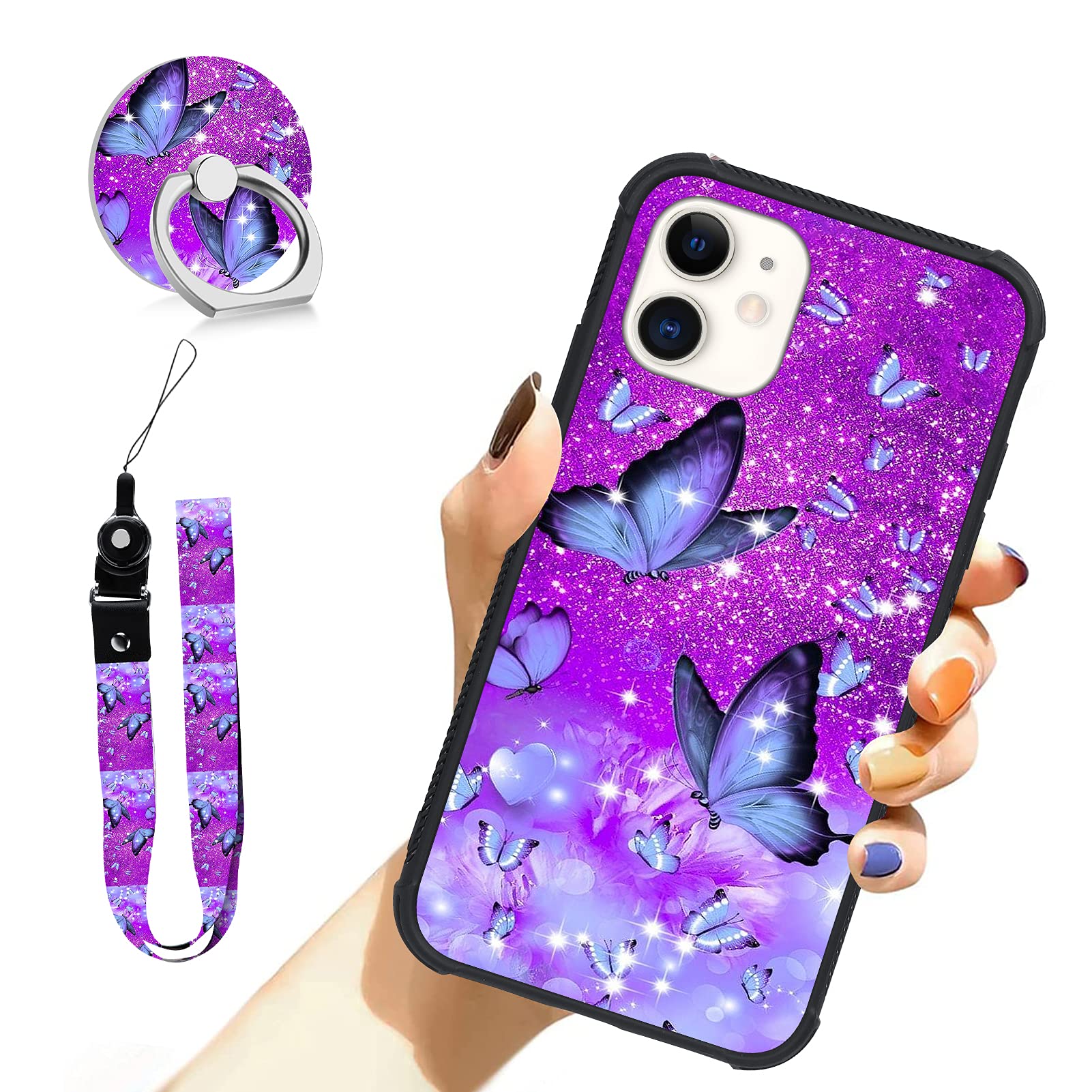 Ziye Designed For Iphone 11 Case Purple Butterfly Hard Lanyard Case With Phone Ring Holder,Full Body Protection Shockproof Drop