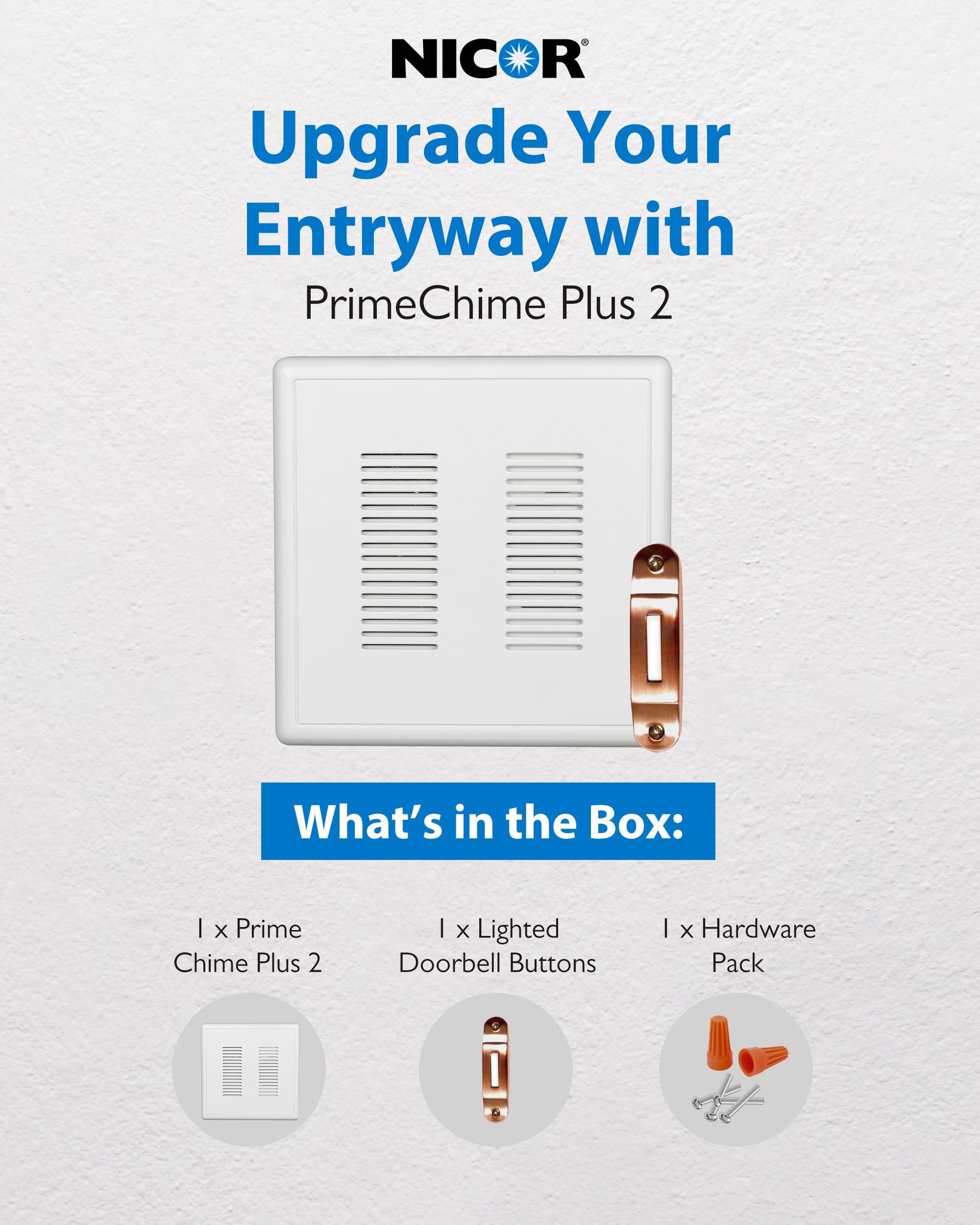 Primechime Plus 2 Electric Doorbell Kit   Doorbells For Home   Includes Selectable Ring Chimes   Deco Button, Copper   Nicor Lig