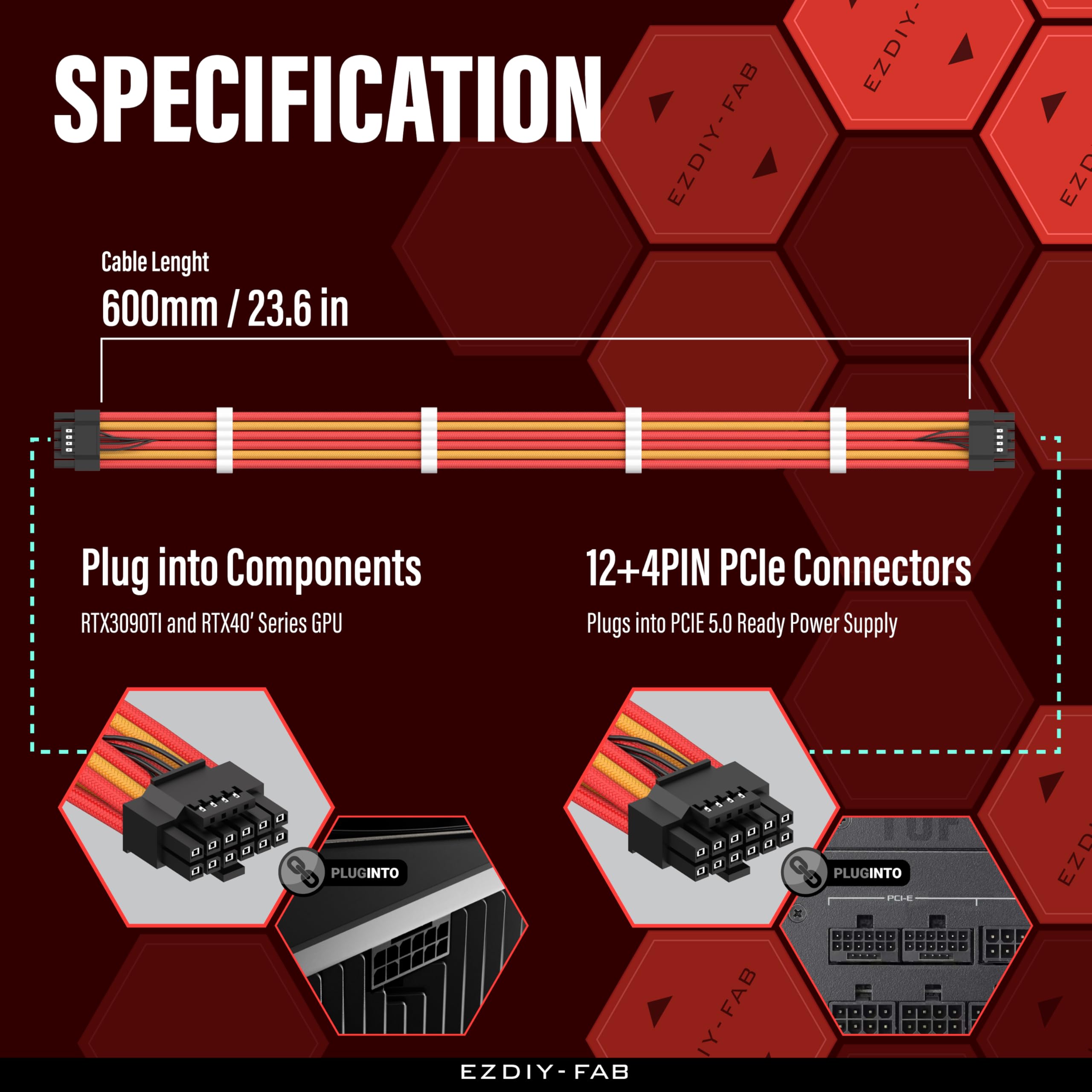 Ezdiy Fab 16Awg Pci E 5.0 12Vhpwr Psu Sleeved Cable, 600W 12+4 Pin Male To 12+4 Pin Male Cable For Rtx4070Ti Super, 4080 Super,
