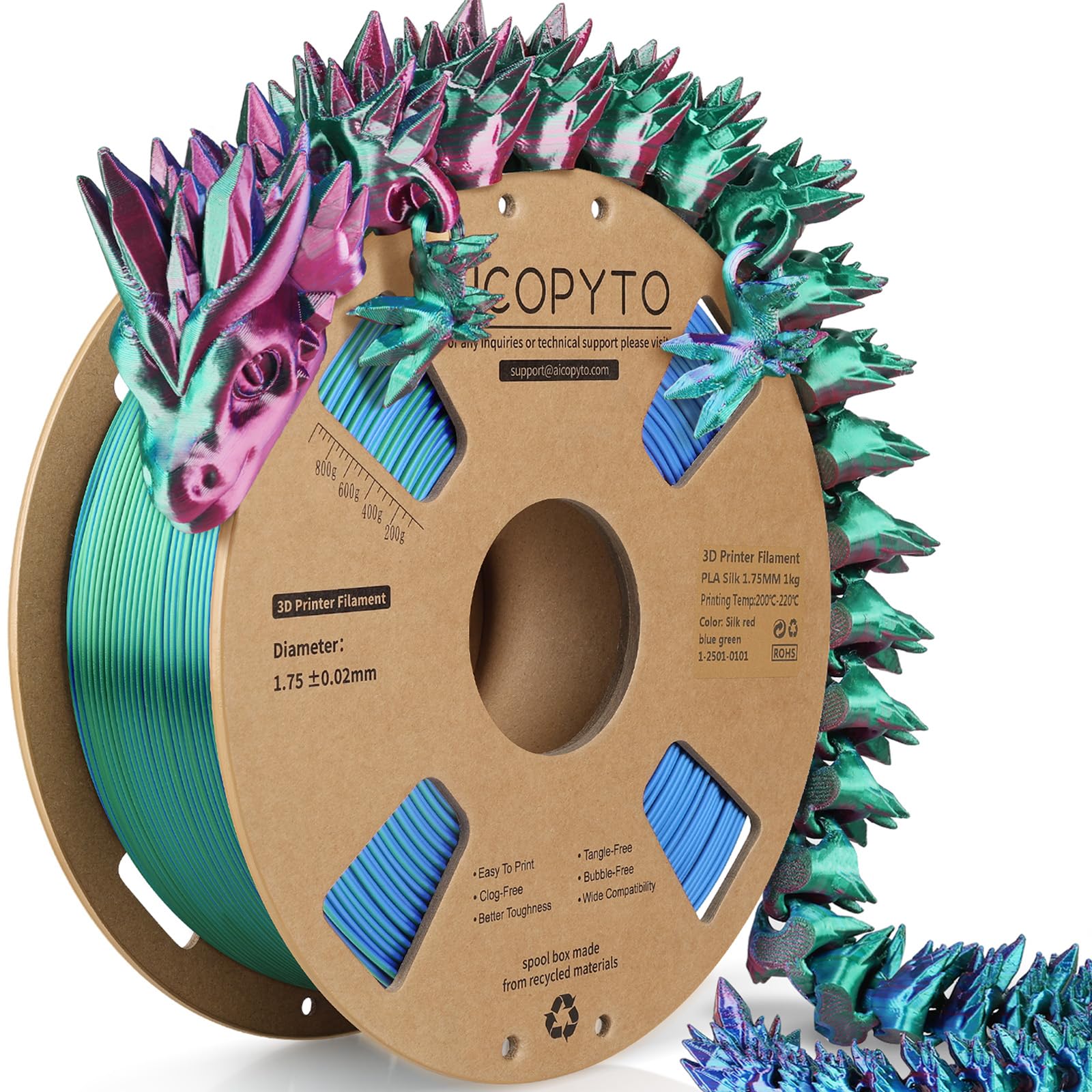 Silk Tricolor PLA Filament 1.75mm, 3D Printer 3-in-1 Multicolor PLA Filament, Dimensional Accuracy +/-0.02mm 1KG Spool (2.2 lbs)