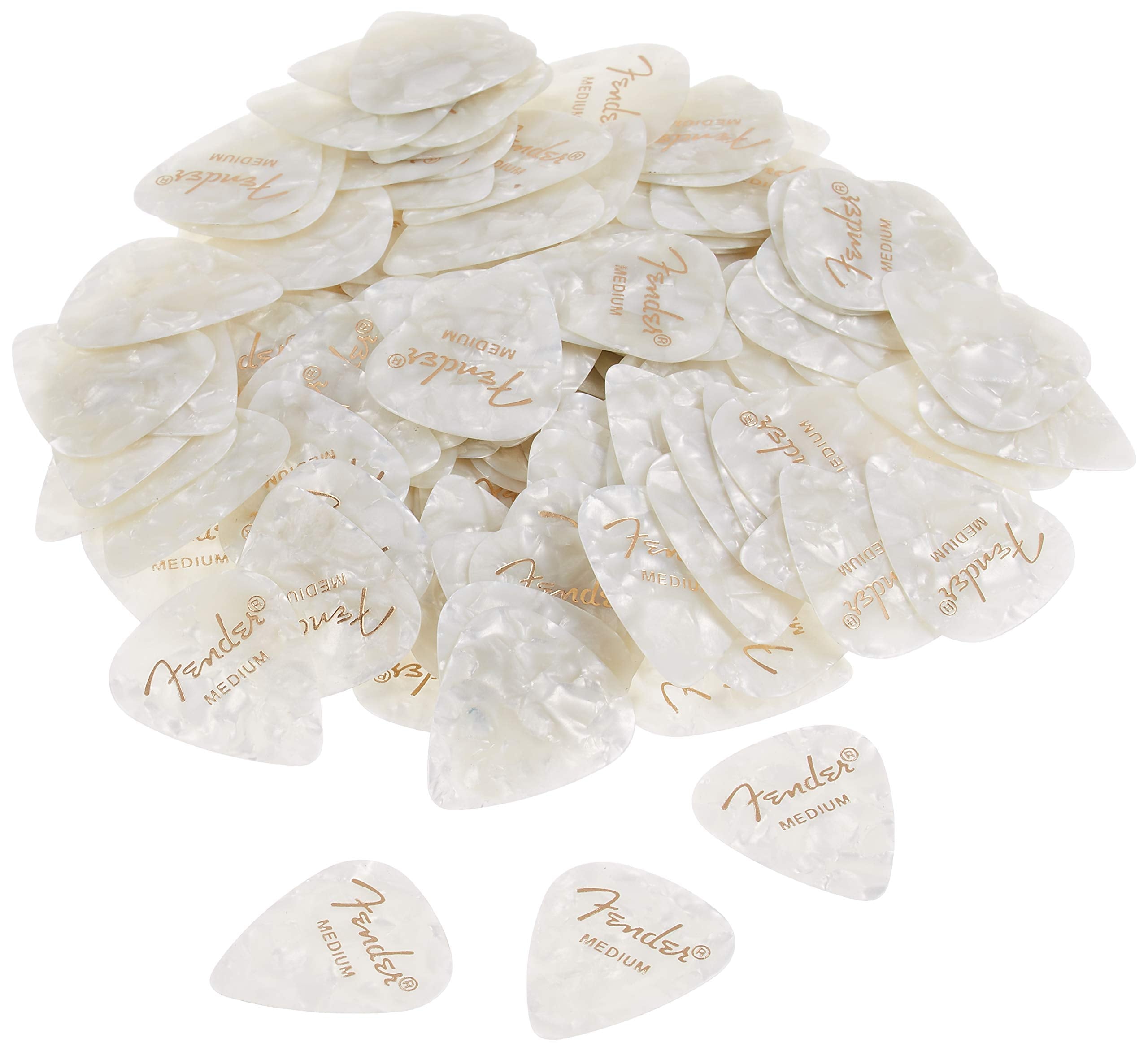 Fender Premium Celluloid Guitar Picks 351 Shape, Guitar Accessories, White Moto, Medium, 144 Pack