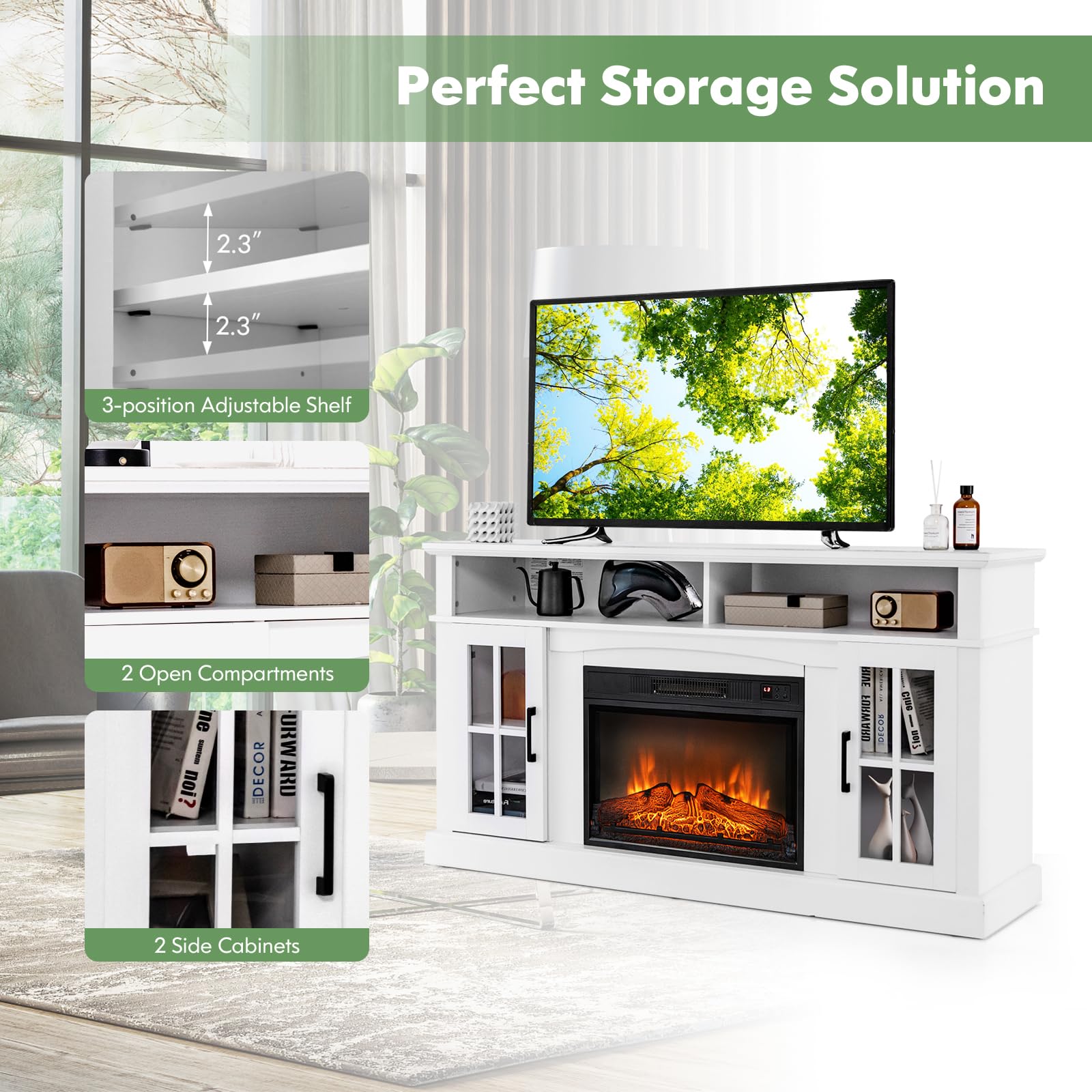 Simoe 58 In Tv Stand With 23 Inch Fireplace, Electric Fireplace Tv Console For Tvs Up To 65, Entertainment Center/W 2 Cabinets &