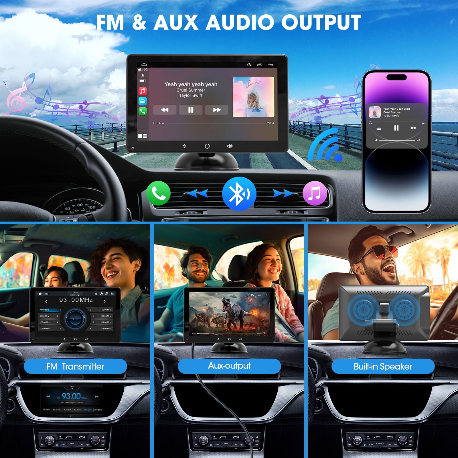 Wireless Apple Carplay Android Auto: Portable 7 Inch Qled Touch Screen Car Stereo   Bluetooth 5.0 Mirror Link Steering Wheel Con