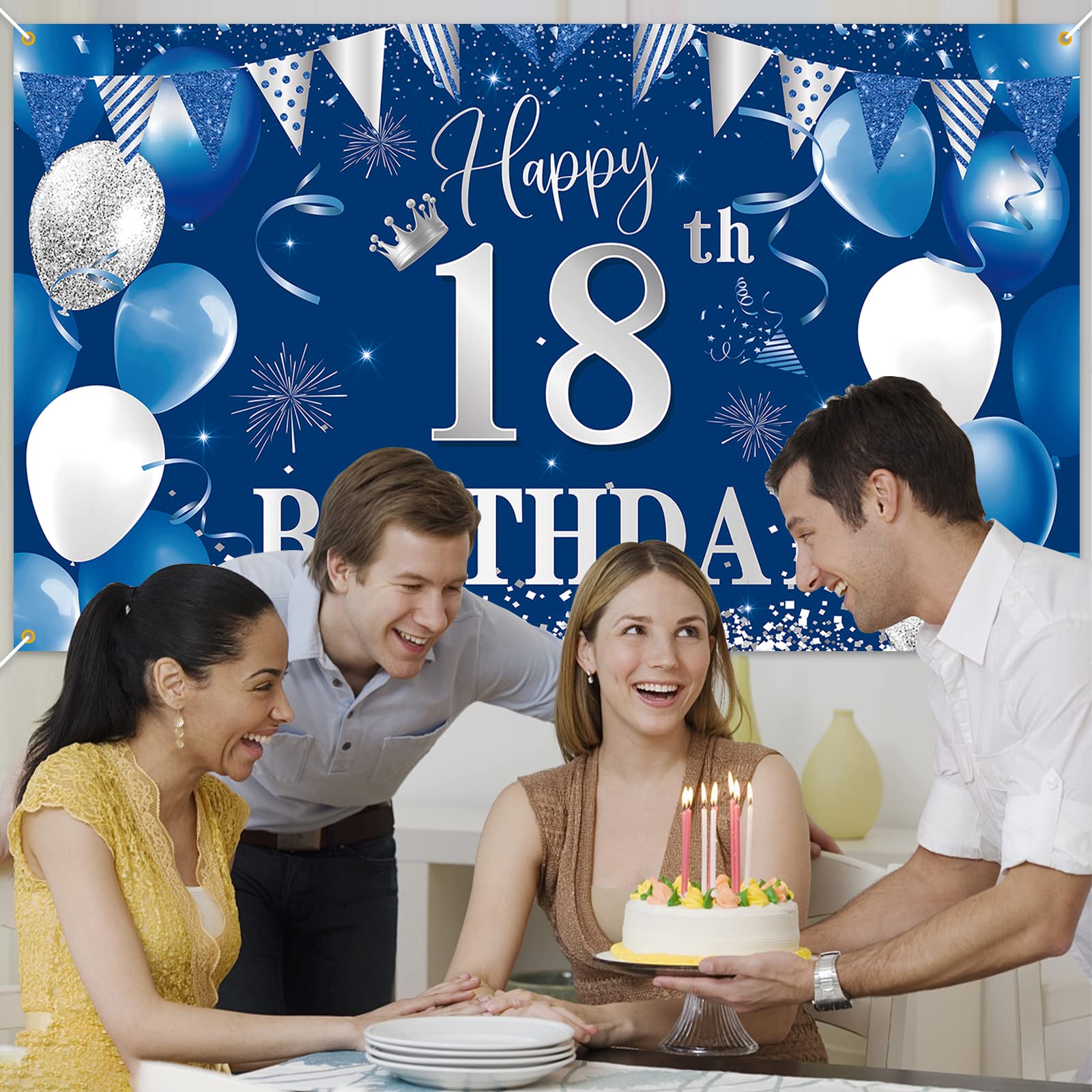 40Th Birthday Banner Backdrop,Btzo Happy 40Th Birthday Decorations,Blue Silver Fabric Photo Backdrop Background For Men And Wome