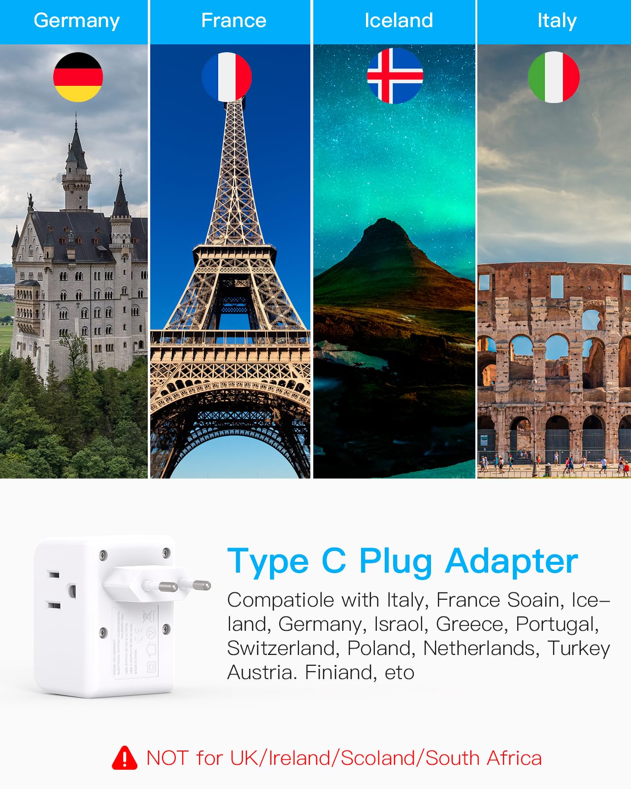 3 Pack European Travel Plug Adapter, One Beat International Power Plug Adapter With 3 Outlets 3 Usb Ports(2 Usb C), Type C Adapt