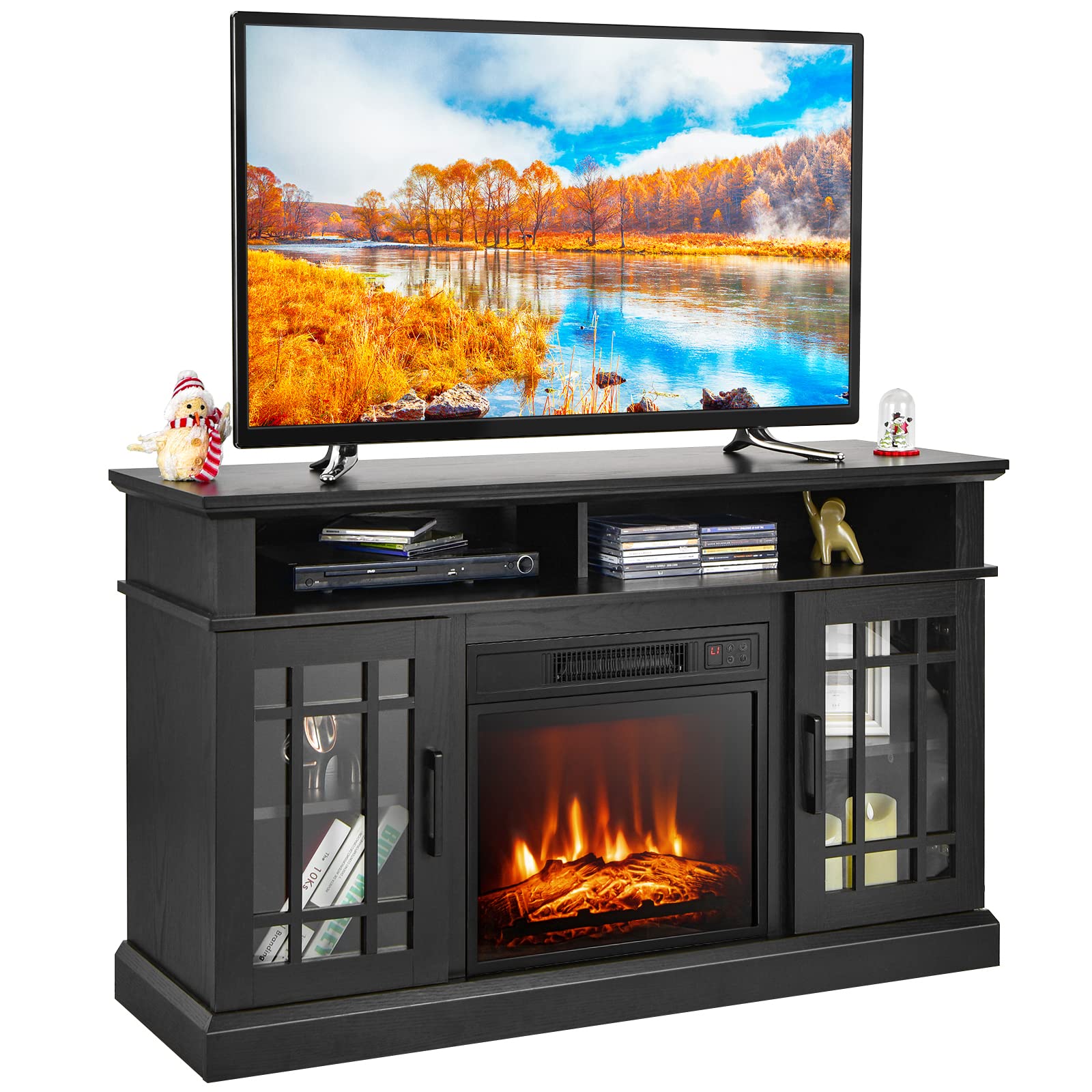 Tangkula Fireplace Tv Stand For Tvs Up To 55 Inch, With 18 Inches 4777 Btu Fireplace Insert, 3 Level Brightness, Overheat Protec