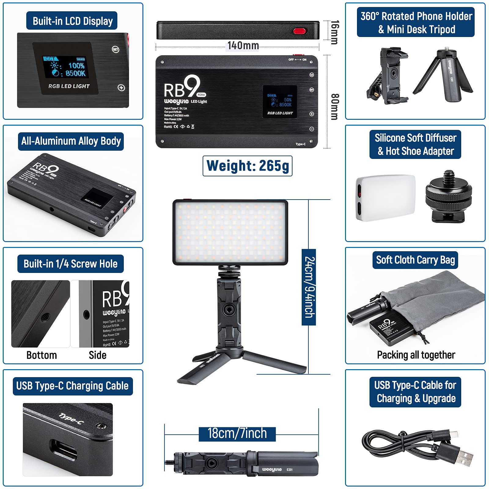 Weeylite Rb9 Rgb Camera Video Light, App Control 12W Led On Camera Light With Tripod, 2500 8500K 360 Full Color Cri 95+ Rgb Vide