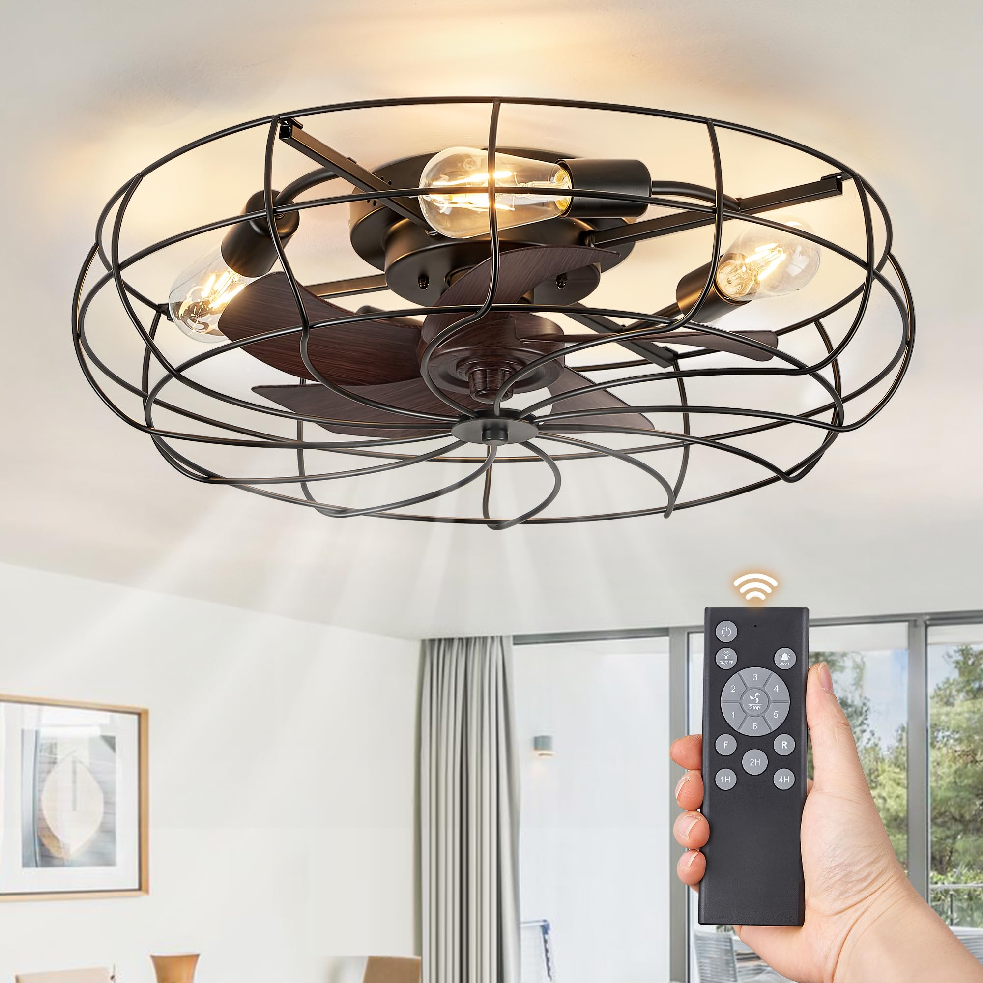 Lediary 23 Inch Caged Ceiling Fan With Light, Flush Mount Low Profile Ceiling Fan With Remote Control, Farmhouse Industrial Blad