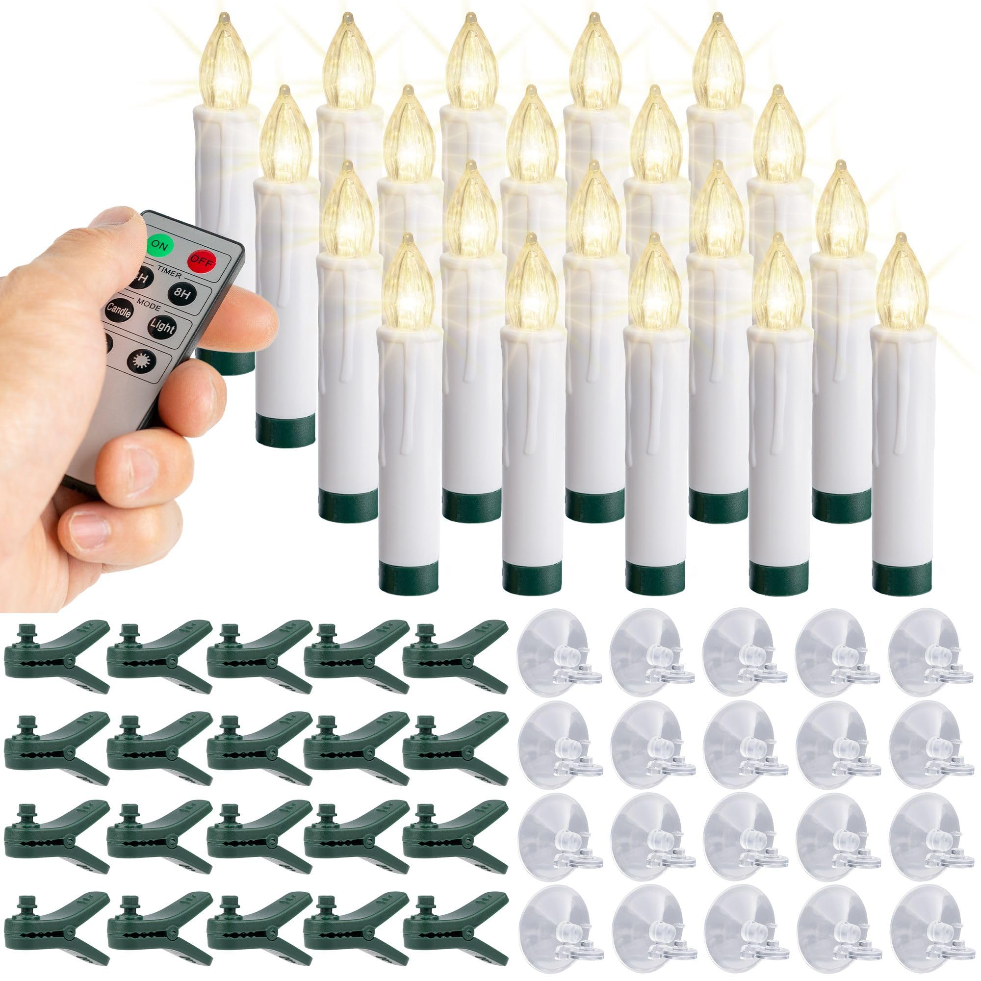 WYZworks 20 Pack LED Flameless Taper Clip On/Suction Cup Candles for Christmas Tree/Window Candles, 3.5 Flickering Warm White Ca