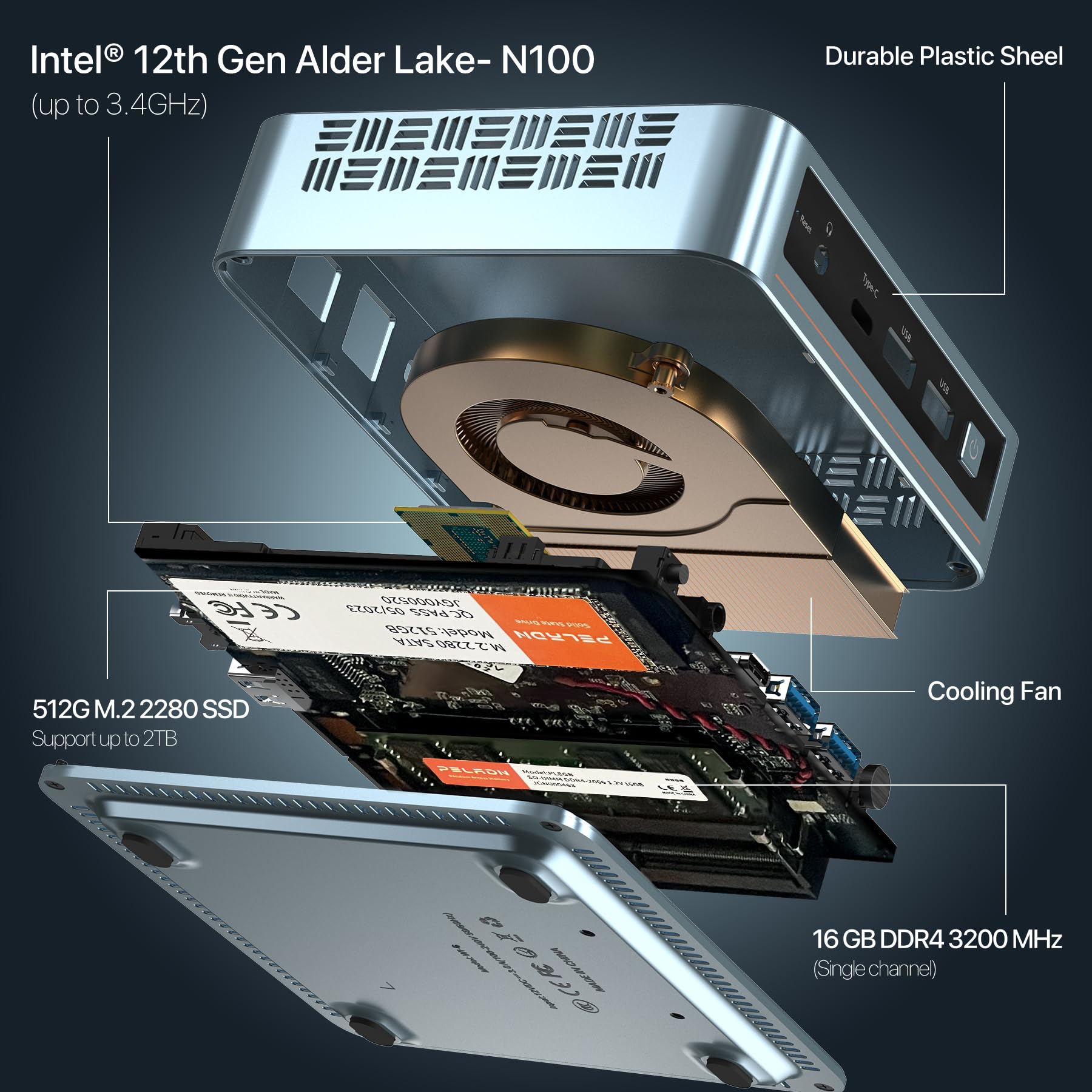 Peladn Mini Pc, Intel N100(Up To 3.4Ghz),16Gb Ddr4/512Gb Ssd,Type C/Dual Hd,Mini Desktop Computer,4K/60Hz Triple Display Usb3.0/
