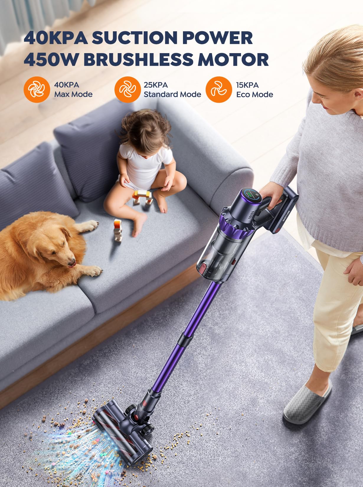 Cordless Vacuum Cleaner, 2 Batteries 110 Mins Runtime Vacuum Cleaners For Home, 40Kpa 450W Stick Vacuum With Brushless Motor, Au